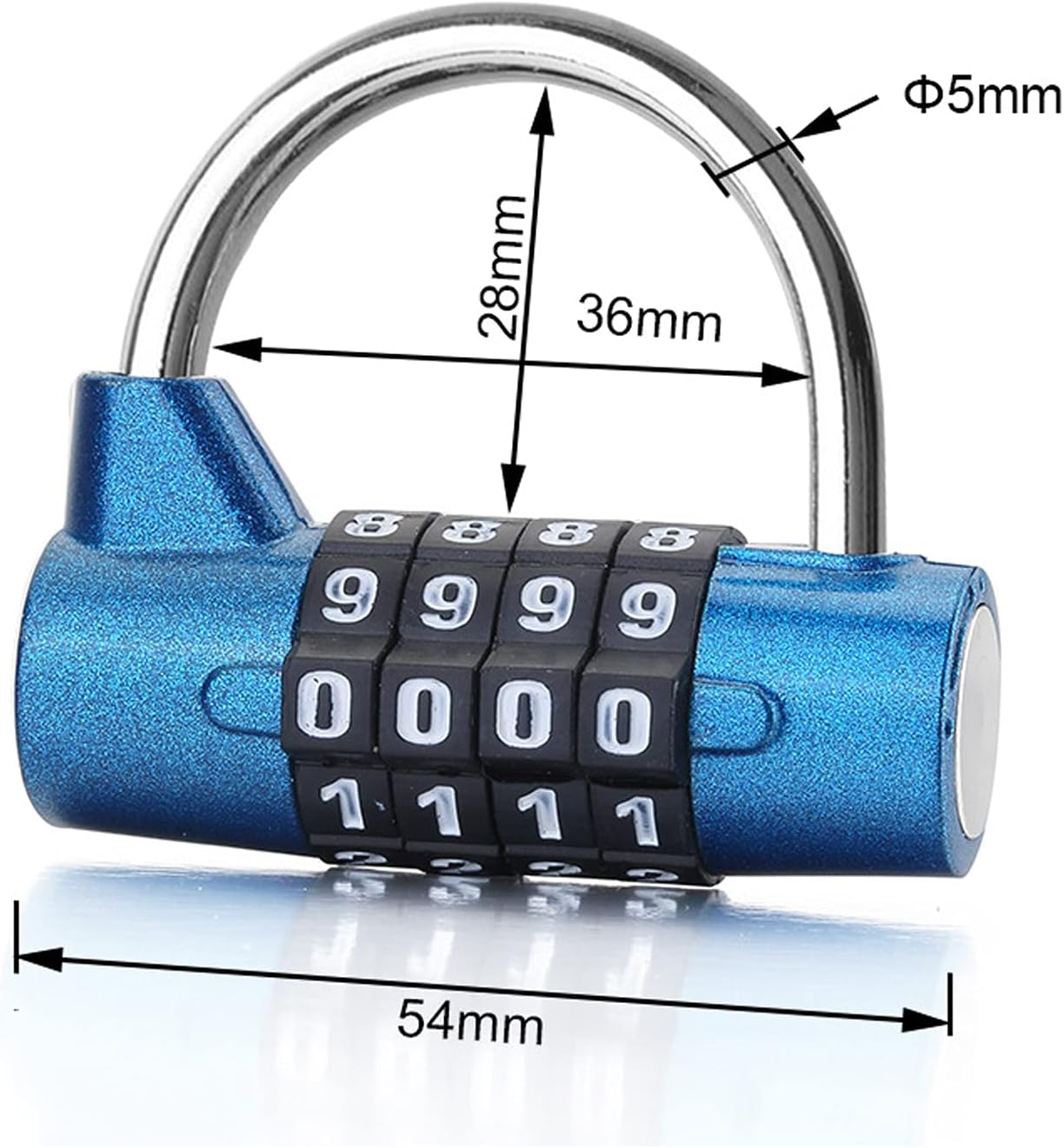 Blaues Zahlenschloss mit Maßen. Die Ziffern zeigen 9999, 0000, 1111. Der Bügel ist silber. Abmessungen sind angegeben.