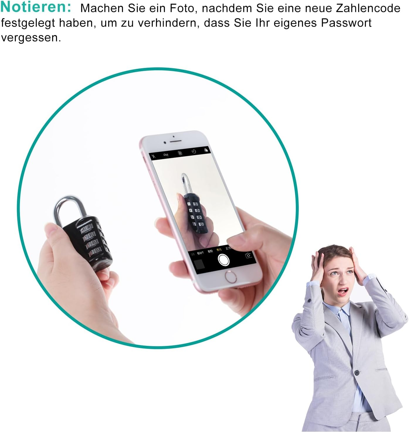 Eine Frau fotografiert mit ihrem Telefon ein Zahlenschloss. Eine andere Hand hält das Schloss. Im Hintergrund eine gestresste Frau.