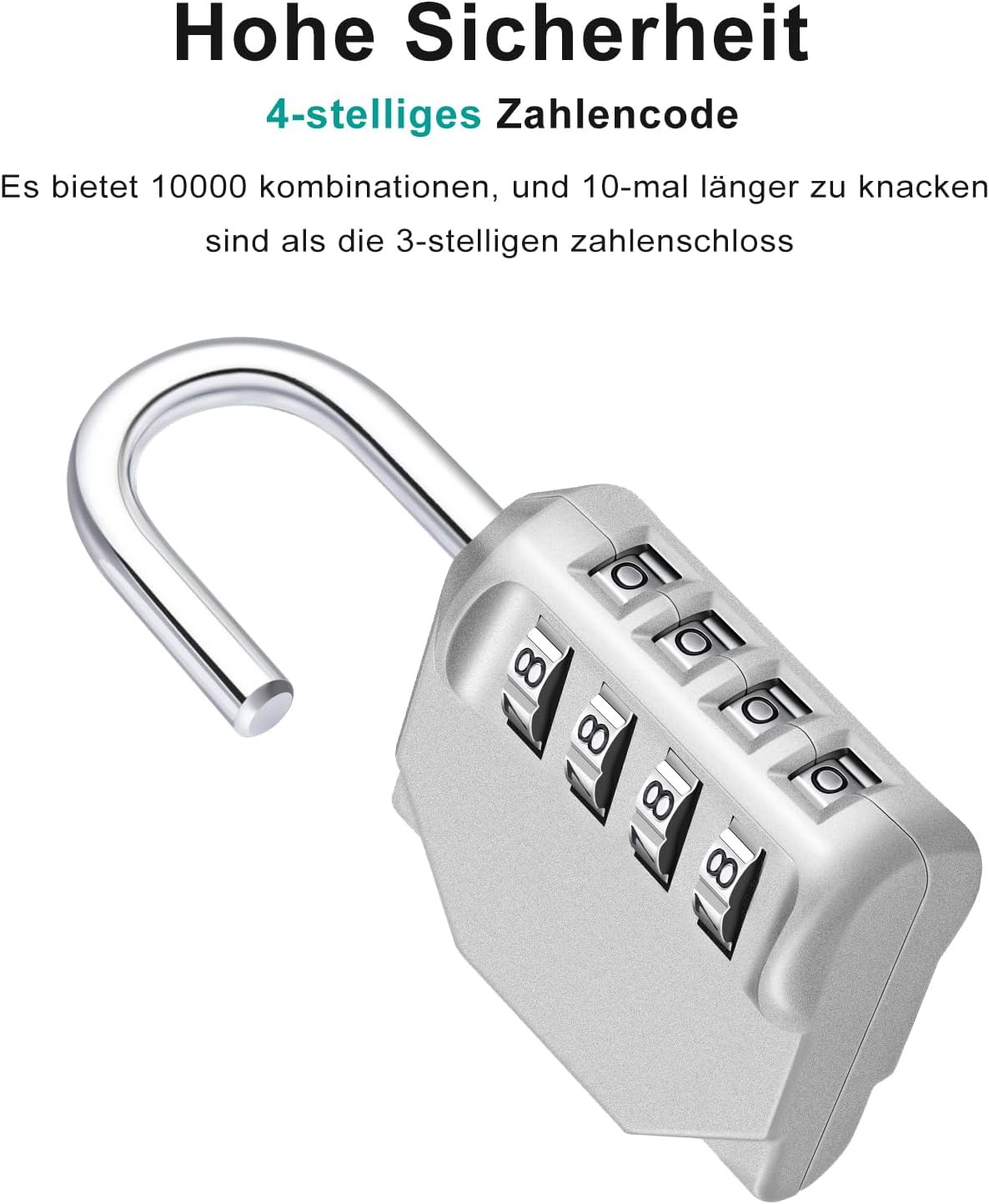 Nahaufnahme eines silbernen Zahlenschlosses mit großem Metallbügel. Das Schloss hat vier Ziffernräder und ist offen.