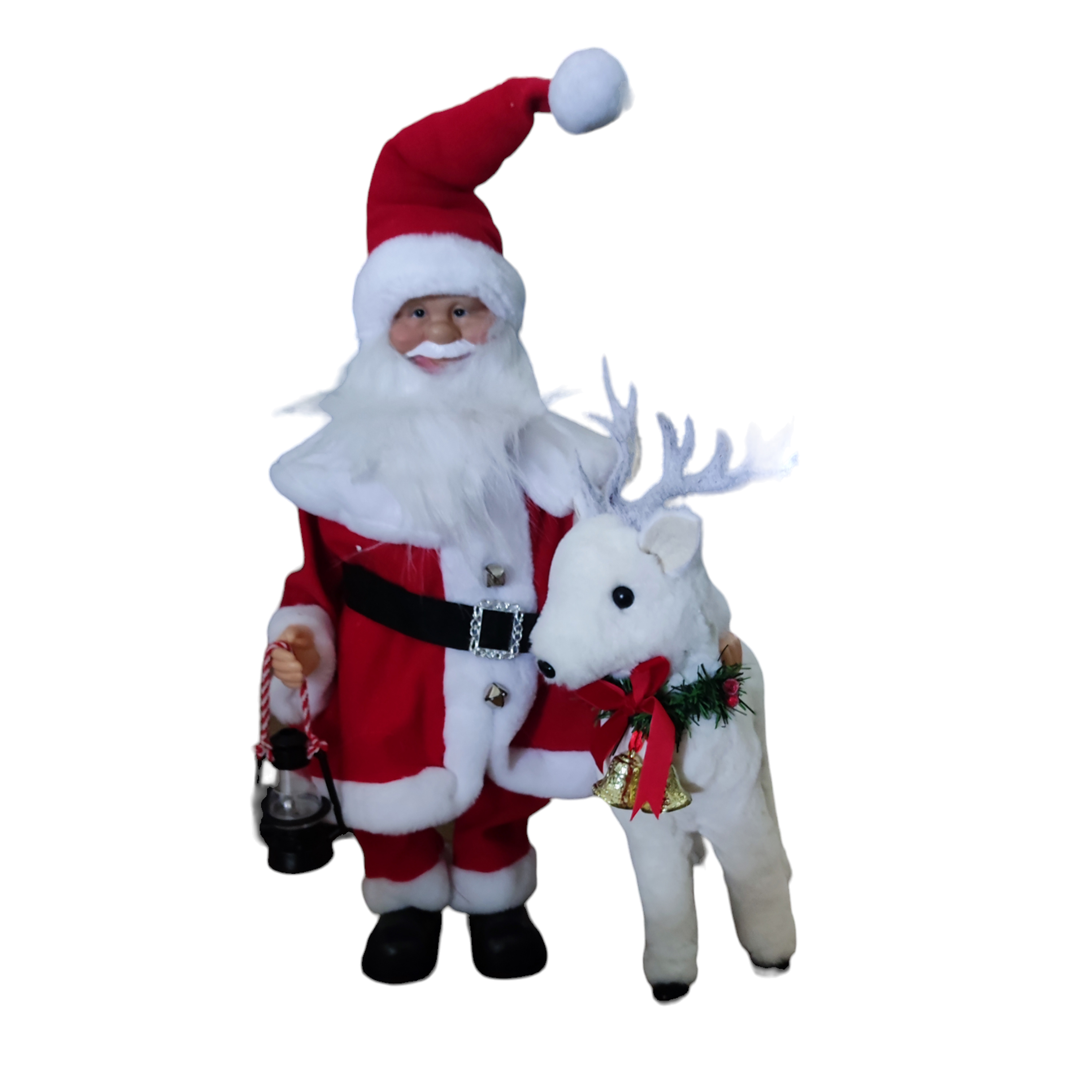 Weihnachtsmann-Figur mit weißem Rentier. Der Weihnachtsmann trägt roten Anzug und Hut und hält eine Laterne. Das Rentier hat eine rote Schleife.