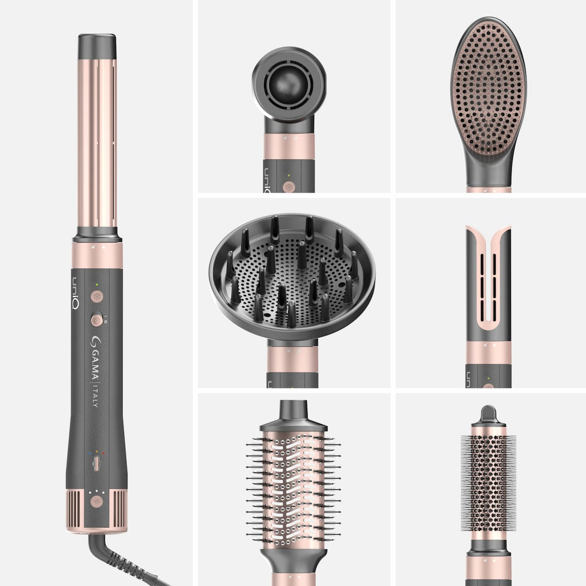 Uno strumento per lo styling dei capelli con più accessori e diverse testine. Schema di colori grigio e oro rosa. Include arricciacapelli, testine per spazzola e accessori per l'asciugatura.