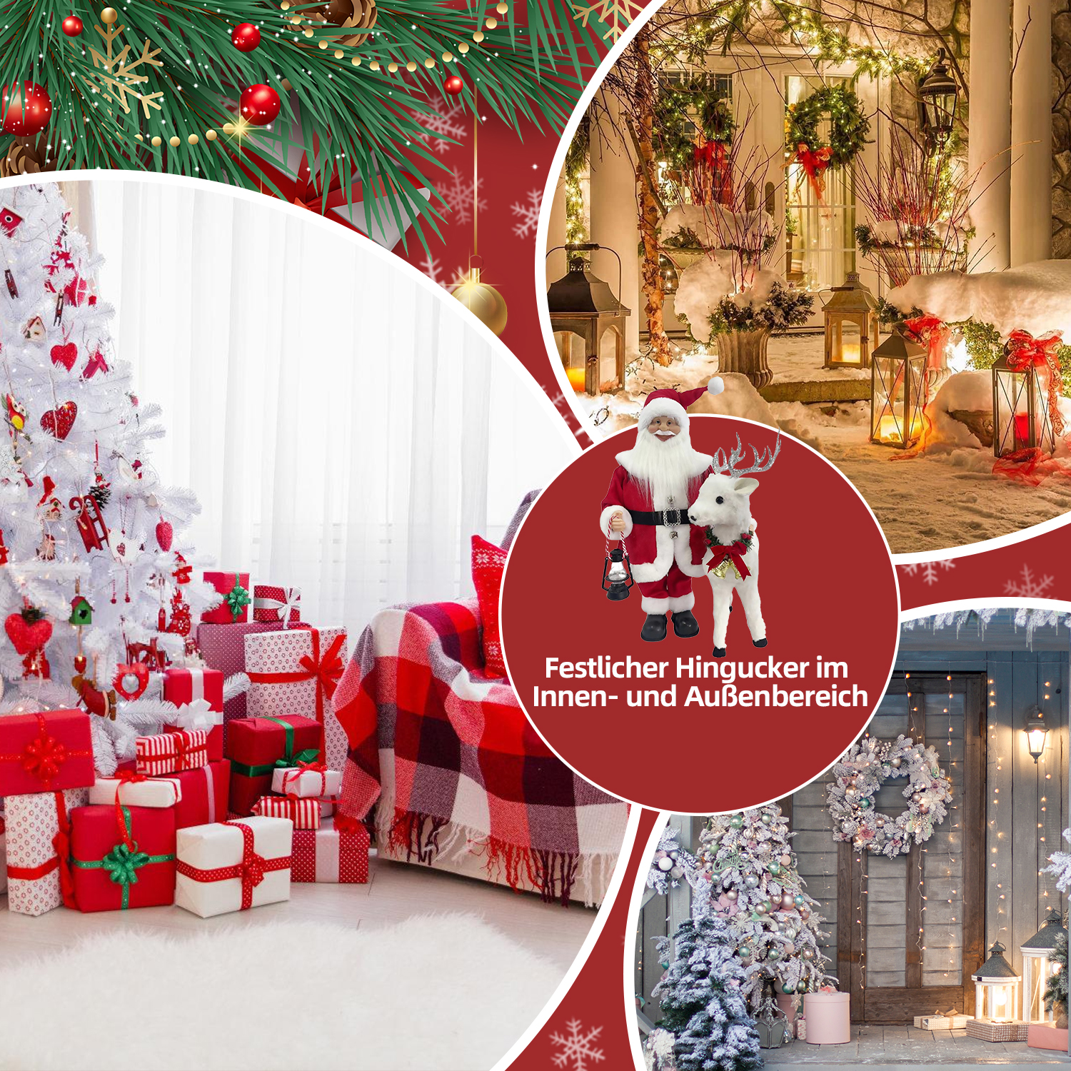 Weihnachtsszene mit weißem Baum, Geschenken und Dekorationen. Eine Santa- und Rentierfigur befindet sich in einem roten Kreis.
