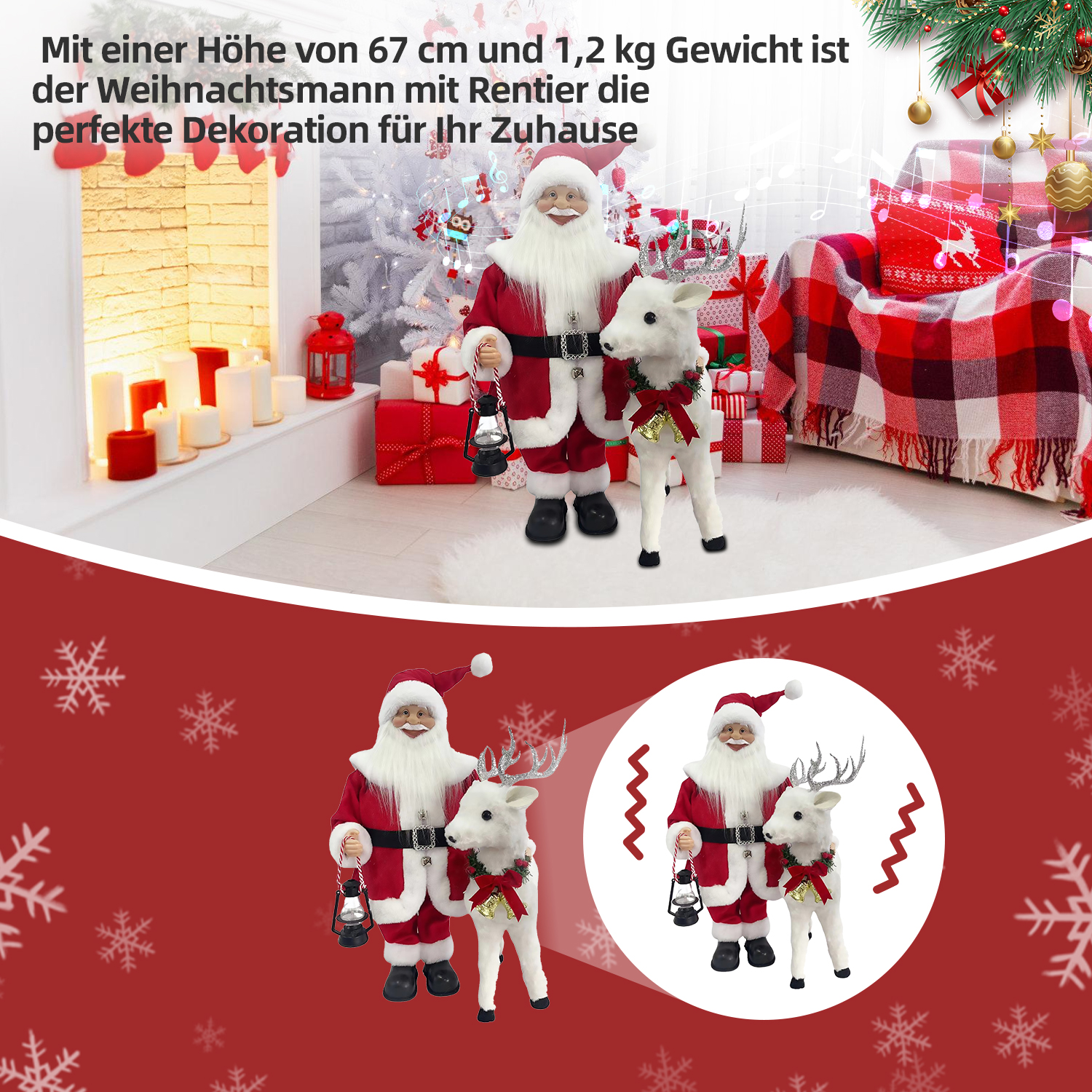 Weihnachtsmann mit Rentier in einem dekorierten Raum. Weihnachtsmann hält eine Laterne. Der Raum hat Kamin, Geschenke und Sofa.