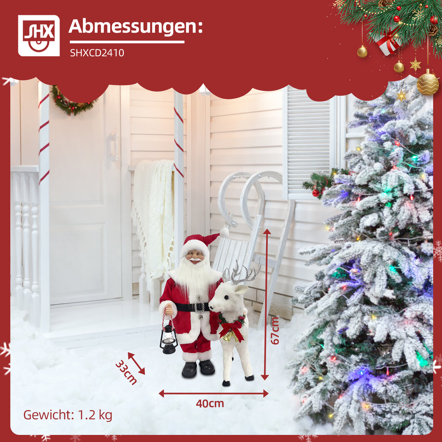 Weihnachtsszene mit Weihnachtsmann und Rentier, schneebedeckt. Ein Weihnachtsbaum steht in der Nähe. Maße und Gewicht werden angezeigt.