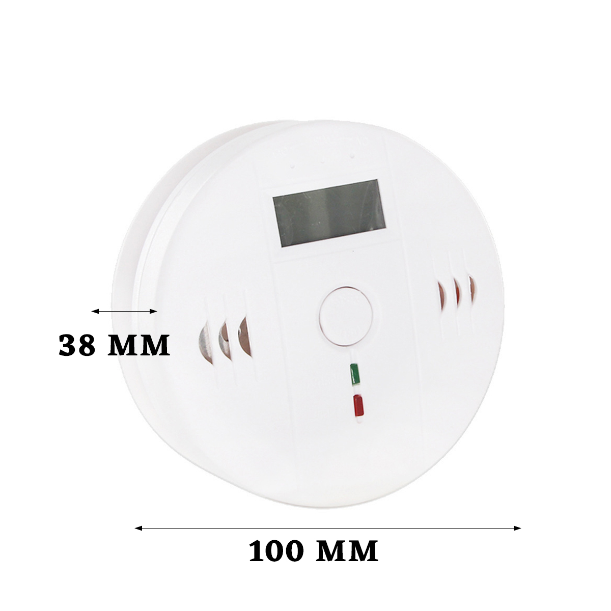 Ein weißer Rauchmelder mit Display, Knopf und Kontrollleuchten. Abmessungen sind beschriftet: 38 mm und 100 mm.