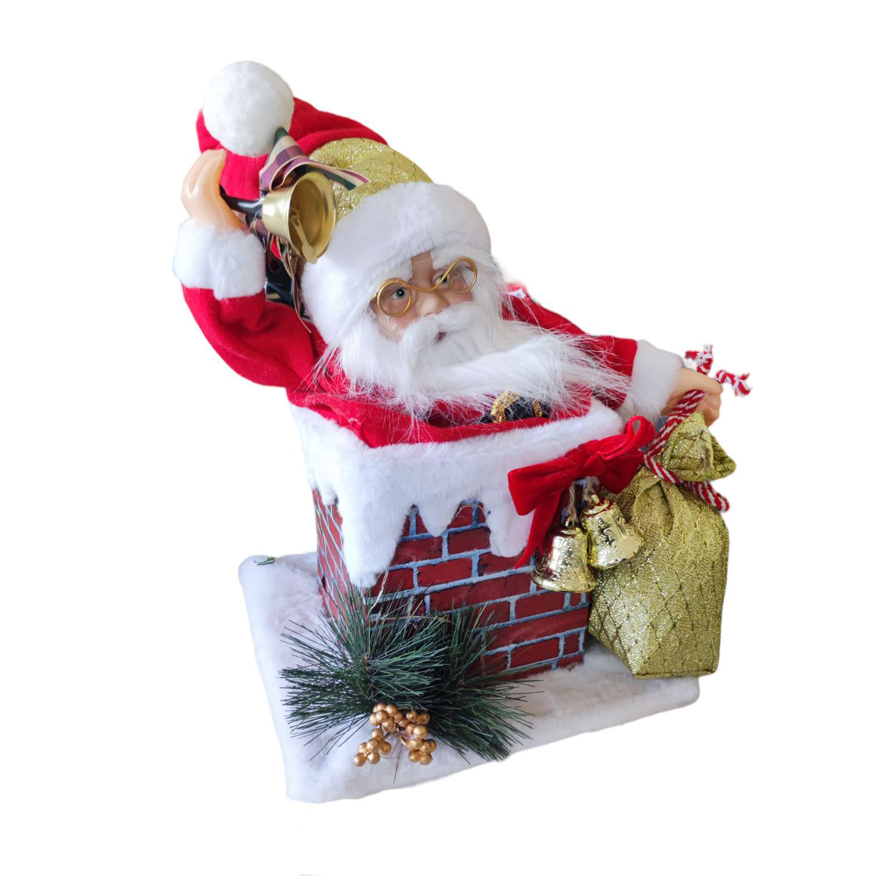 Weihnachtsmann-Figur in einem Schornstein. Er hält Glocken und einen Sack. Der Schornstein ist ziegelartig. Weihnachtsdekoration.