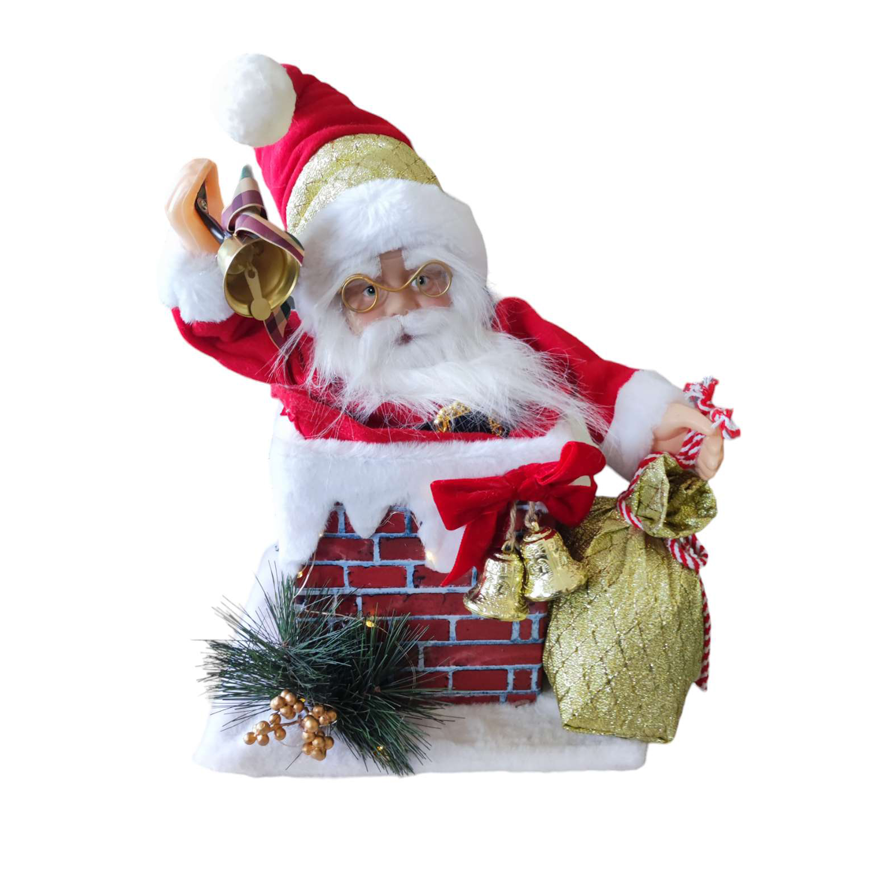 Weihnachtsmann-Figur in einem Schornstein. Er hält eine Glocke. Ein goldener Sack und Glocken sind rechts.