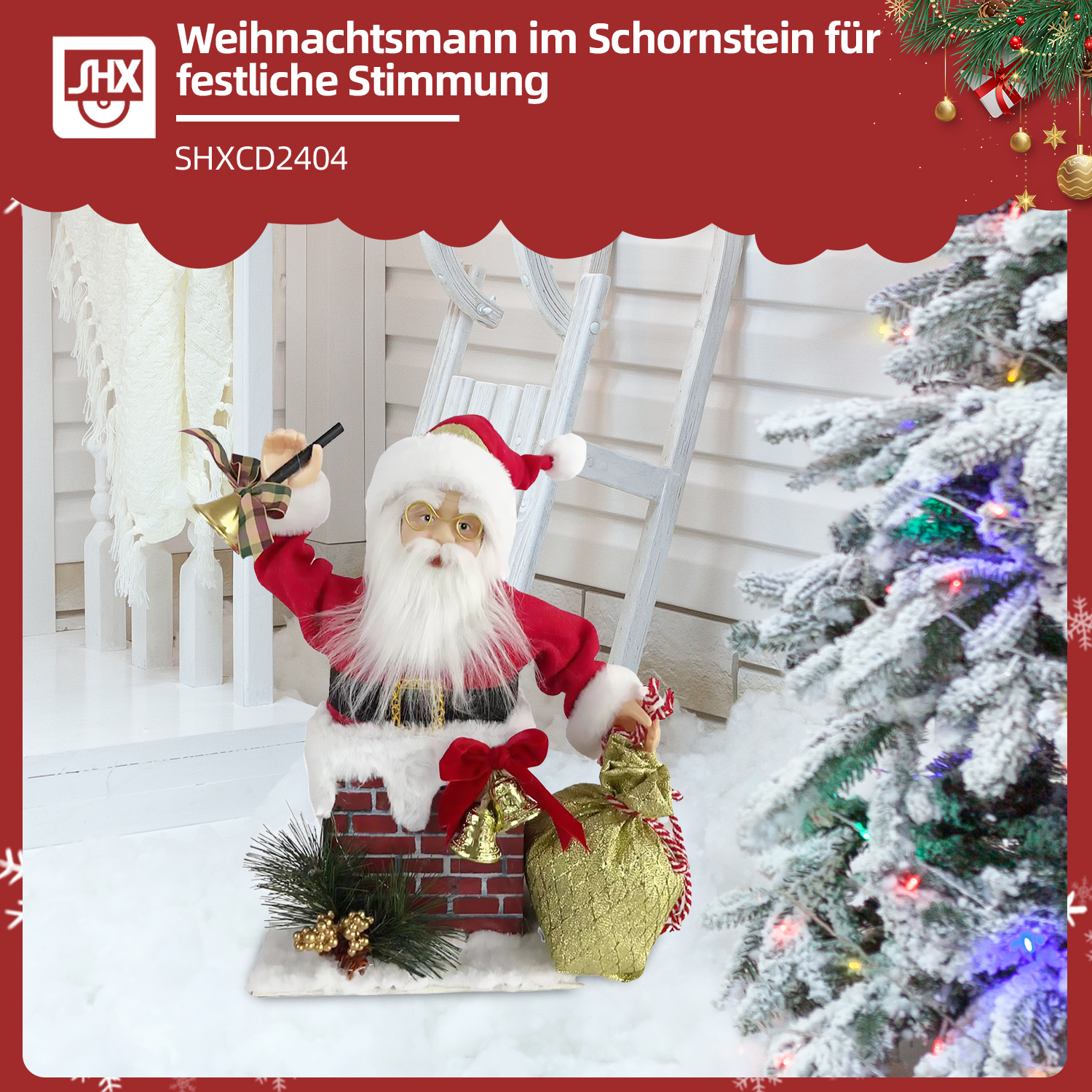 Eine Weihnachtsmannfigur in einem Schornstein schmückt eine festliche Szene mit Weihnachtsbaum, Leiter und Geschenkbeutel.