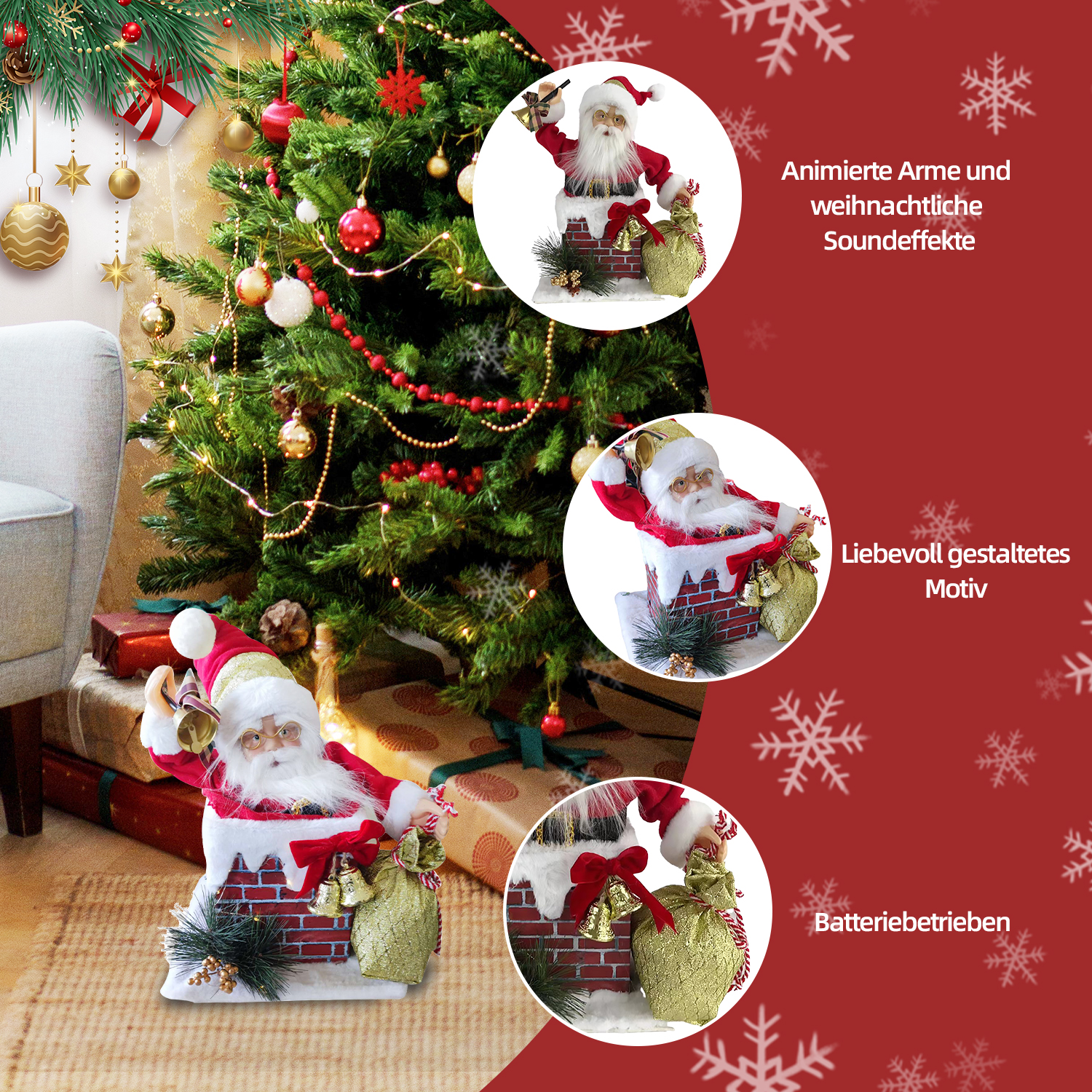 Eine Weihnachtsmannfigur mit rotem Anzug und weißem Bart, hält eine Glocke und eine Tasche neben einem Weihnachtsbaum.