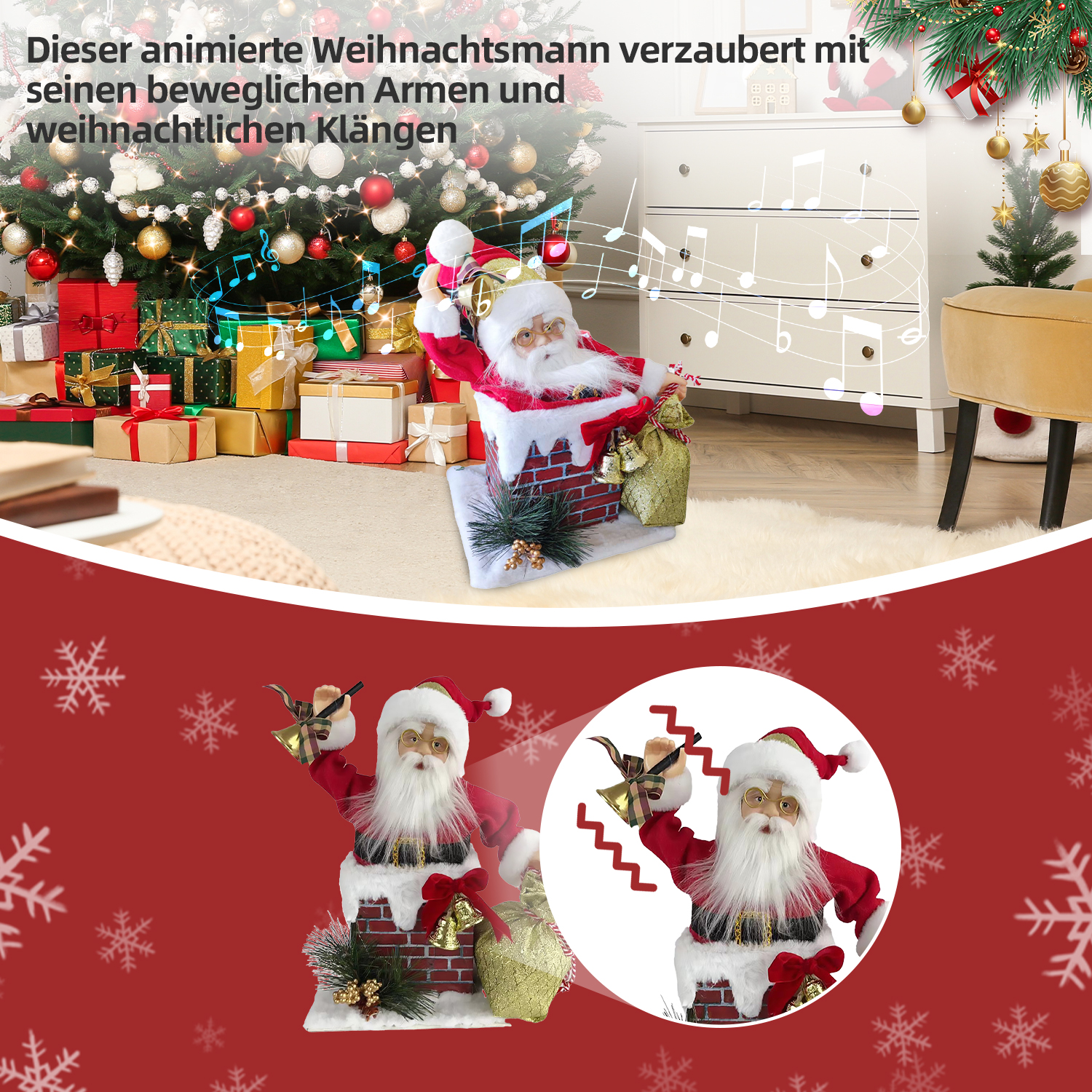 Animierter Weihnachtsmann auf einem Schornstein mit Geschenkbeutel. Weihnachtsbaum und Geschenke im Hintergrund, Schneeflocken und roter Hintergrund.