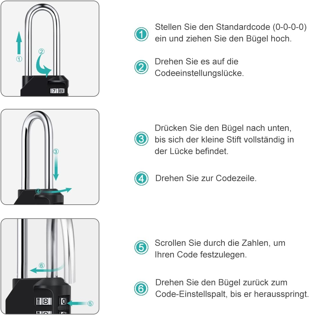 Anweisungen zum Einstellen eines Zahlenschlosses. Zeigt Schritte mit Pfeilen und nummeriertem Text auf Deutsch.