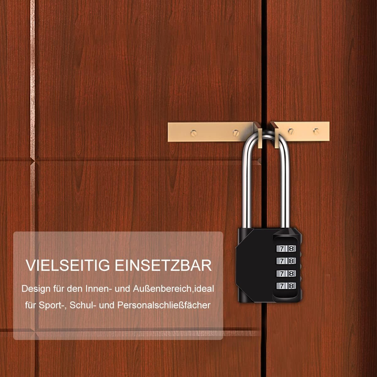 Ein Zahlenschloss mit Ziffernrädern, das an einer braunen Holztür hängt. Text lautet 'VIELSEITIG EINSETZBAR'.