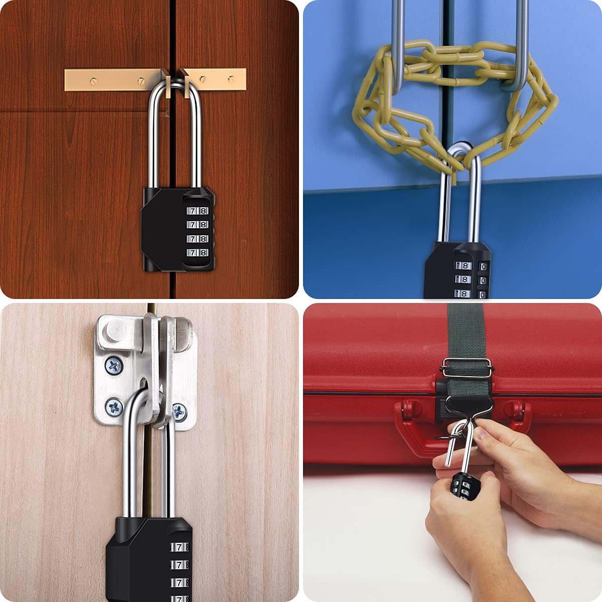 Vier Bilder zeigen Zahlenschlösser. Die Schlösser befinden sich an einem Schrank, einer Kette, einer Holzvorrichtung und einem roten Koffer.