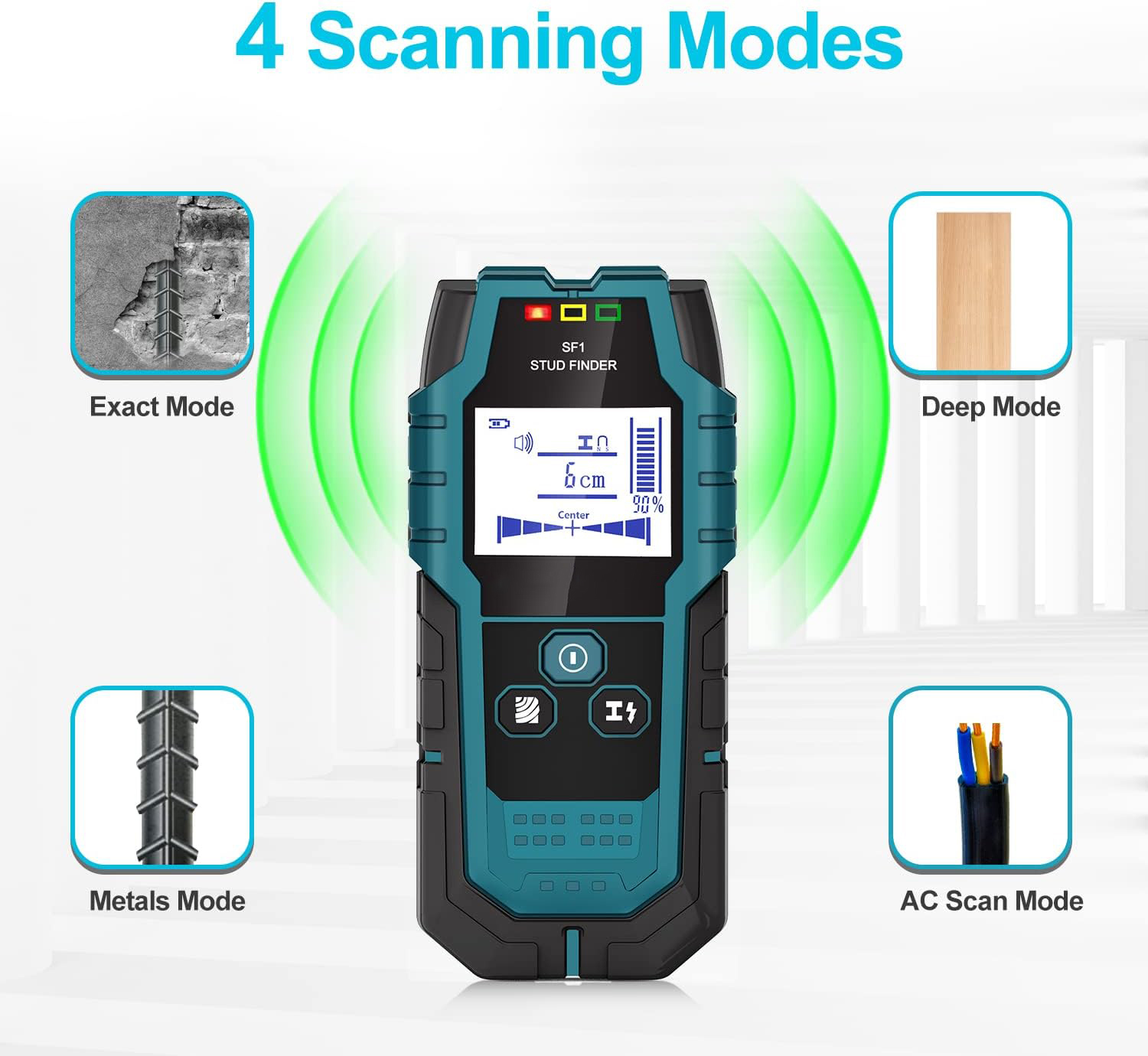 Ein Wandscanner mit 4 Modi: exakt, tief, Metall und AC-Scan. Das Gerät ist blaugrün und schwarz, mit Digitalanzeige.