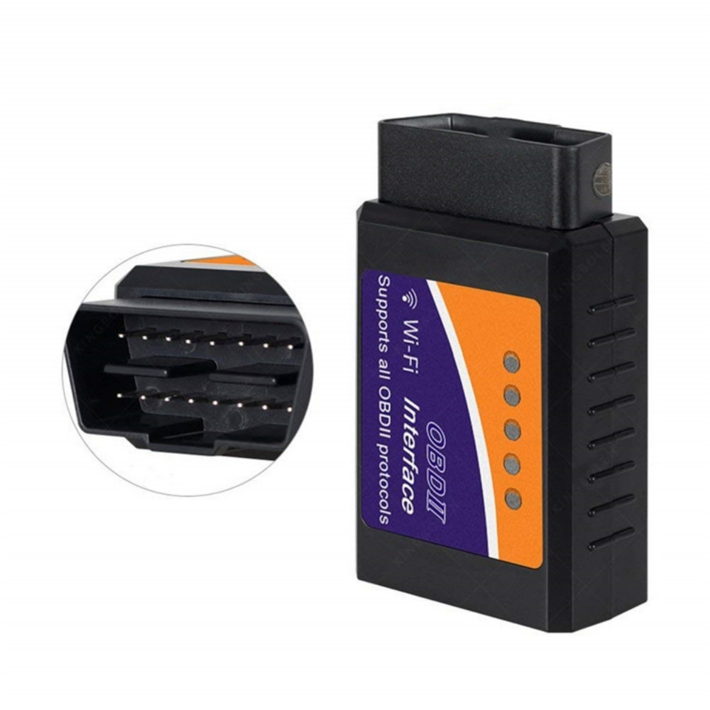 Ein schwarzes OBDII Wi-Fi-Interface-Gerät. Es hat ein orangefarbenes und blaues Etikett und einen Anschluss oben und eine Seitenansicht.