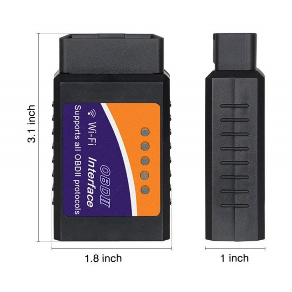 Schwarzes OBDII-Schnittstellengerät mit orangefarbenem und blauem Etikett. Abmessungen sind angegeben. Wi-Fi und OBDII-Text sichtbar.