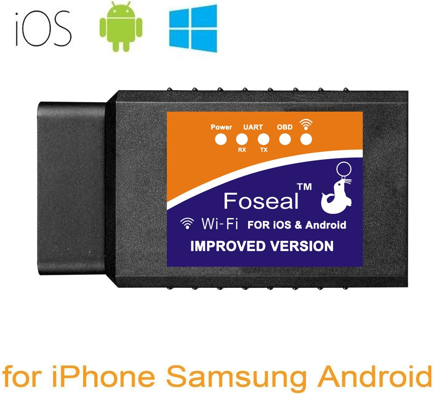 Ein schwarzes Gerät mit orangefarbenem und blauem Etikett: Foseal Wi-Fi für iOS & Android. iOS-, Android- und Windows-Symbole sind vorhanden.