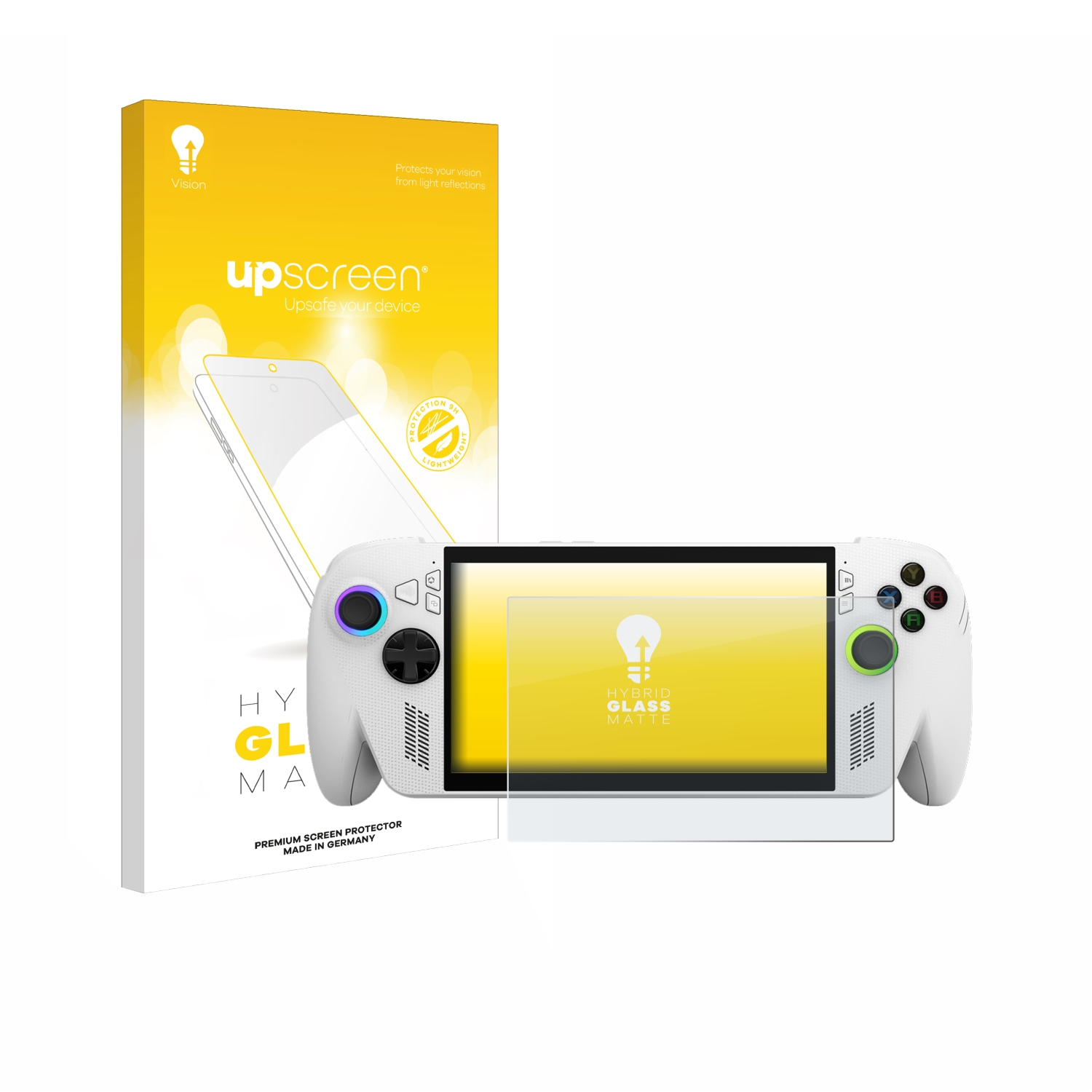 Ein weißes Handheld-Spielgerät und eine Displayschutzbox. Der Displayschutz befindet sich auf dem Gerät. Auf der Box steht 'upscreen'.
