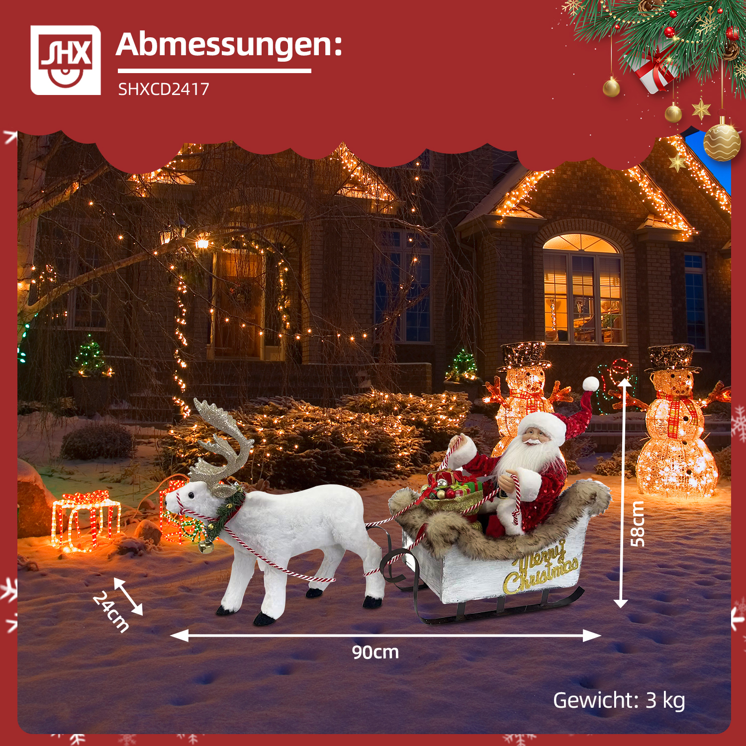 Eine Weihnachtsszene mit Santa in einem Schlitten, der von einem Rentier gezogen wird, Schneemännern und einem Haus mit Lichtern im Hintergrund.