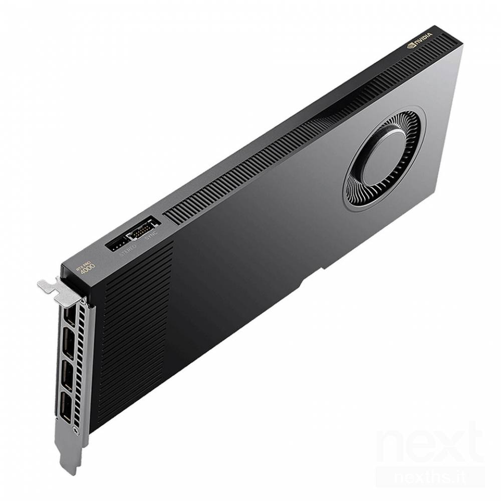 Una scheda grafica nera Nvidia RTX 4000. Ha una ventola e più porte, il logo Nvidia è visibile.
