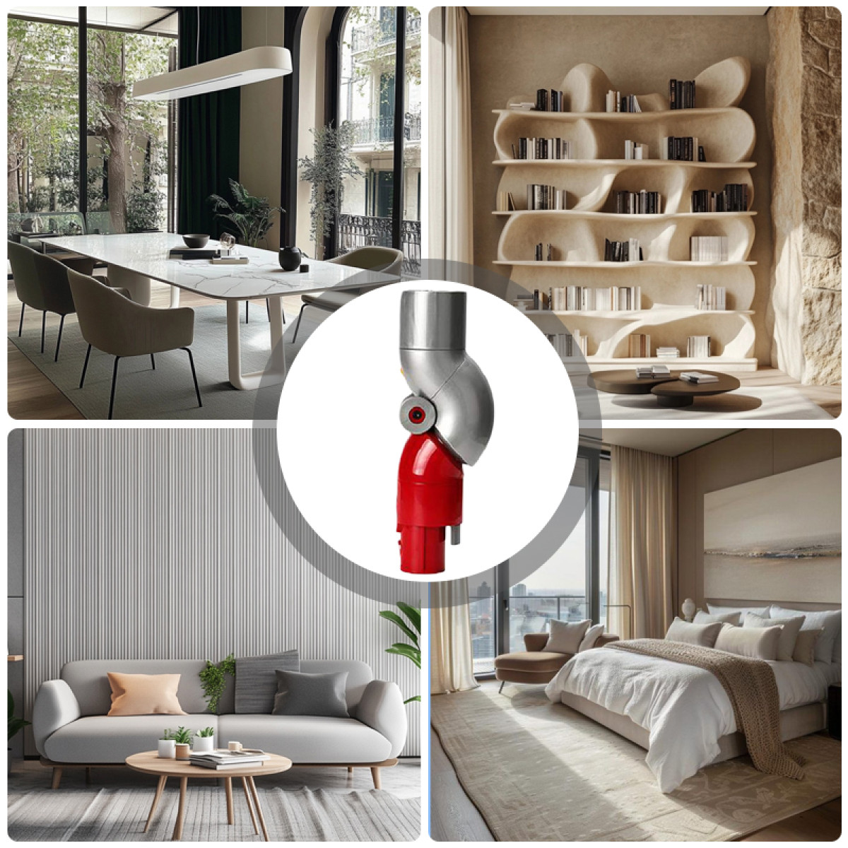 L'immagine è un collage. Mostra una sala da pranzo moderna, una libreria, un soggiorno e una camera da letto. Un oggetto rosso e argento è al centro.