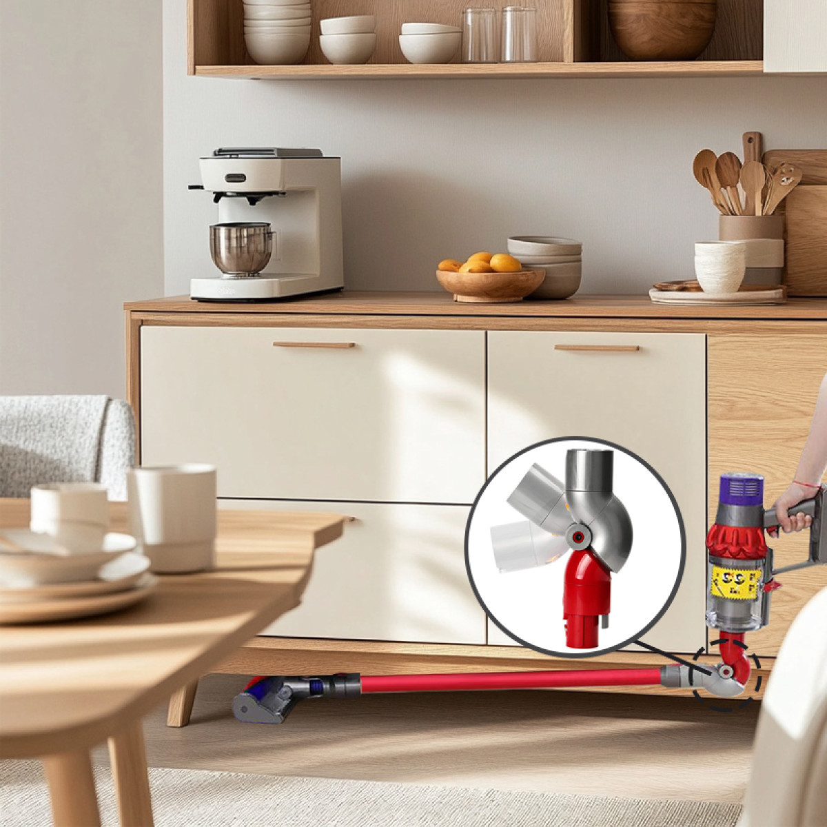 Una scena di cucina con un aspirapolvere in uso. Armadi, elettrodomestici e un tavolo sono visibili. Un primo piano mostra parti dell'aspirapolvere.