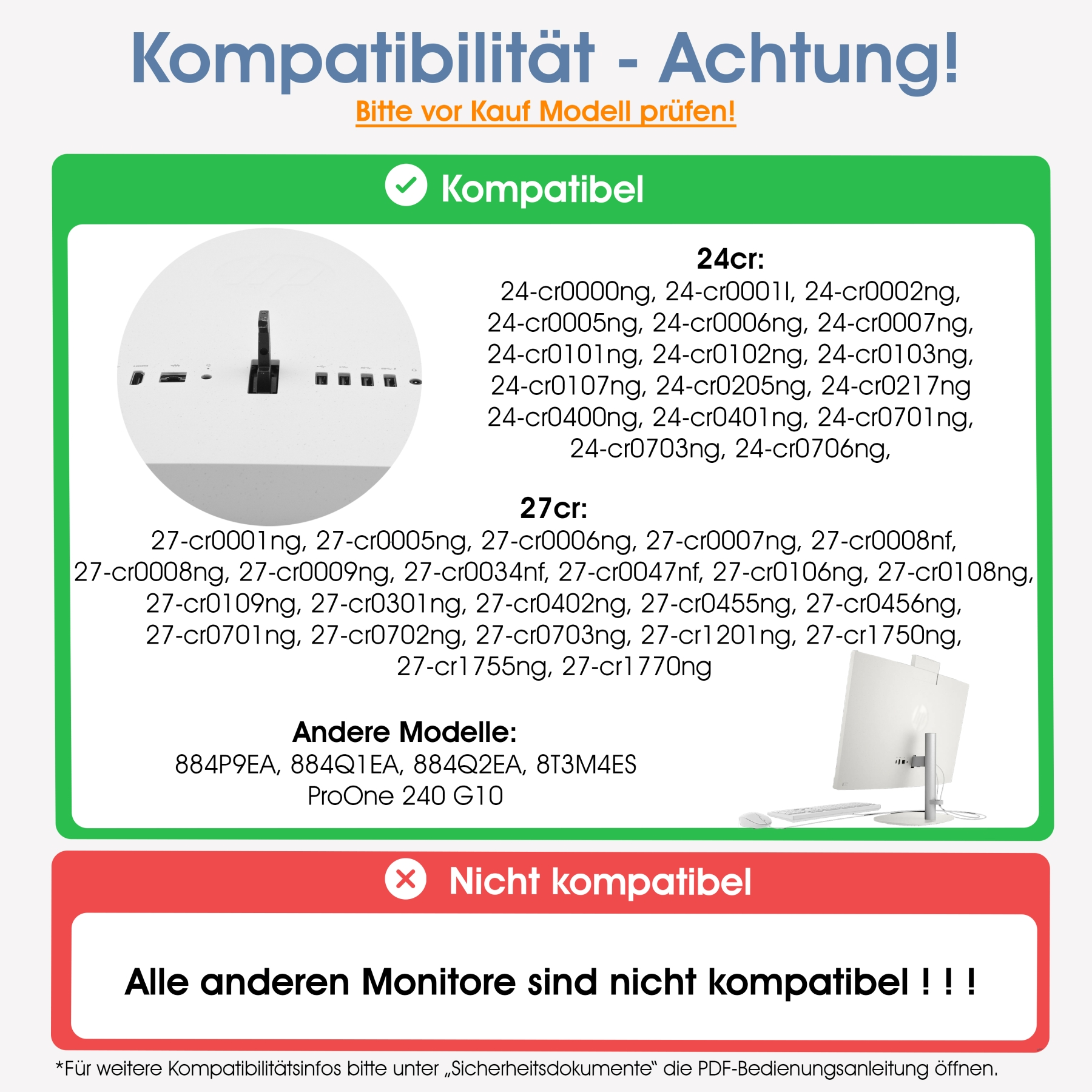 Kompatibilitätstabelle mit kompatiblen und nicht kompatiblen Monitormodellen. Grünes Häkchen für kompatibel.