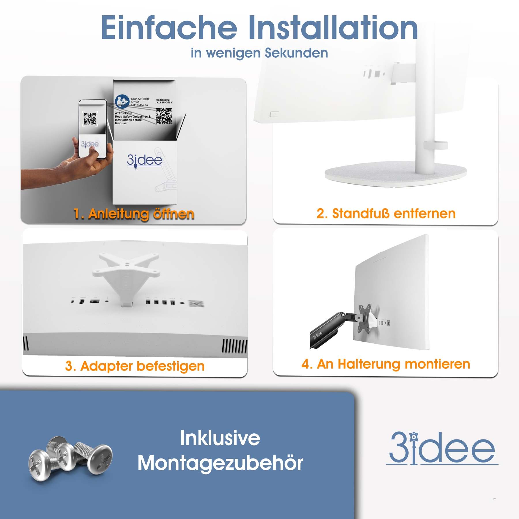 Grafik mit Anweisungen zum Monitoreinrichten: Anleitung öffnen, Ständer entfernen, Adapter befestigen, Halterung montieren.
