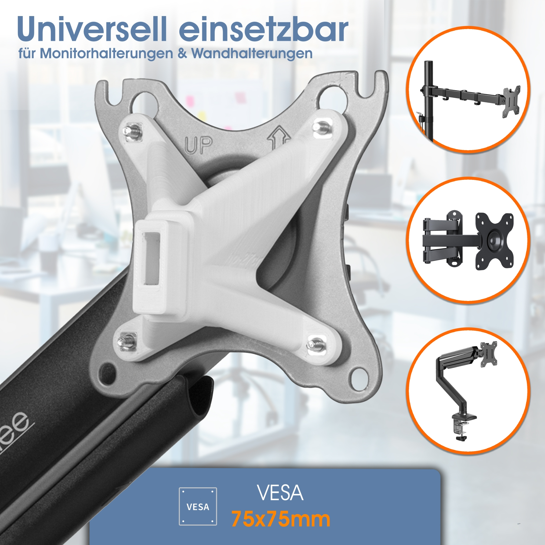 Eine Monitorhalterung mit mehreren Display-Ständer-Beispielen. Der Text lautet 'Universell einsetzbar' und 'VESA 75x75mm'.