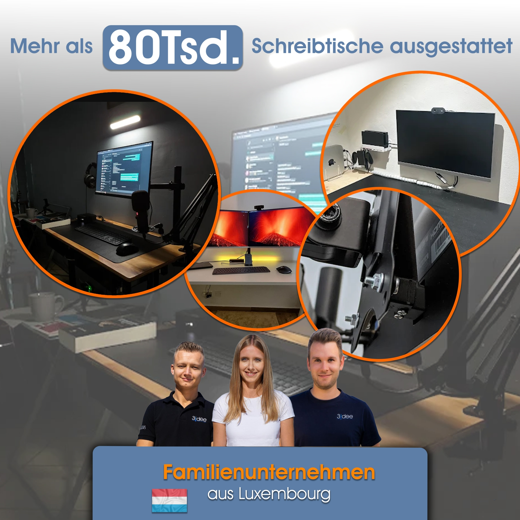 Bild mit drei Schreibtisch-Setups, Personen und Text auf Deutsch. Die Setups umfassen Monitore, Mikrofone und Zubehör.