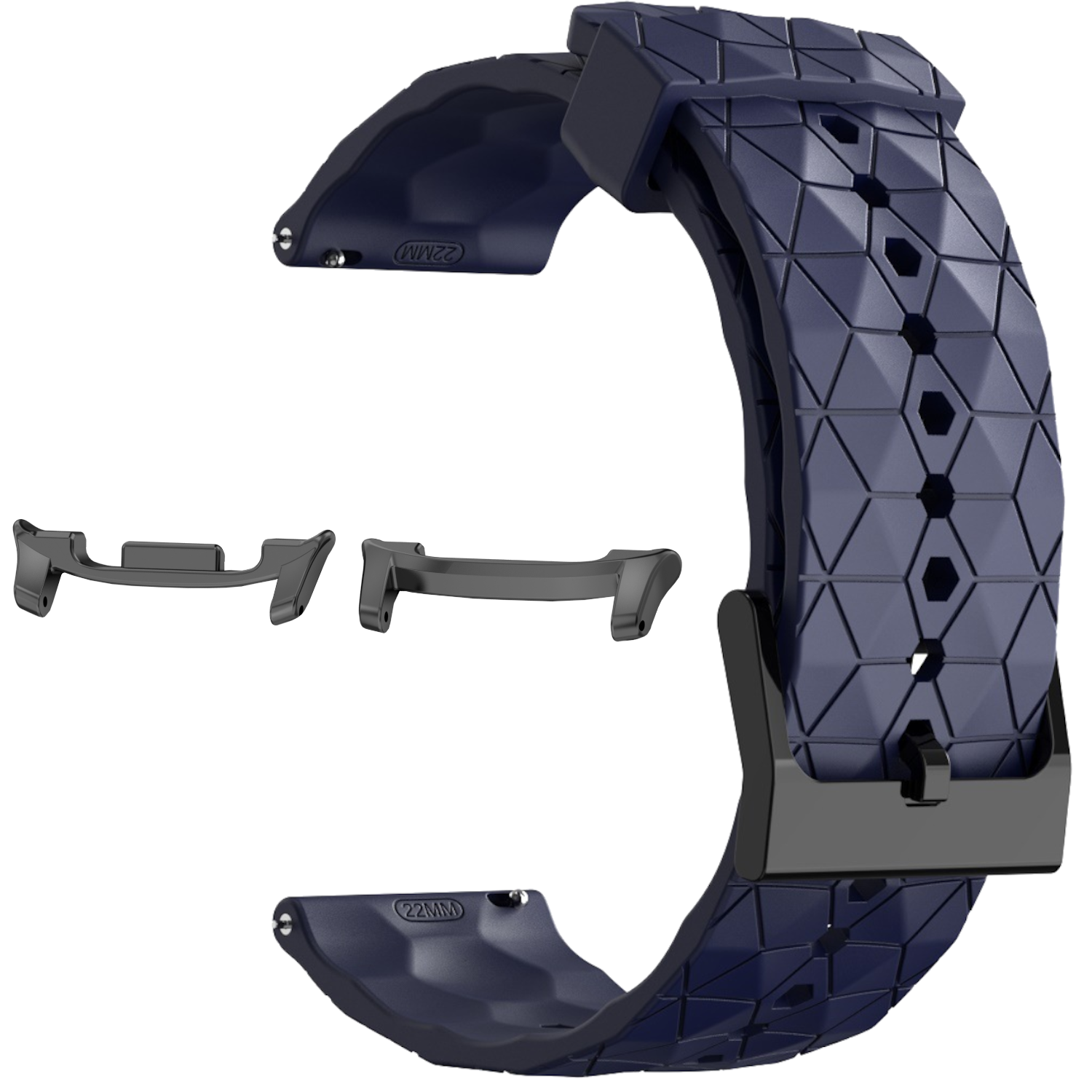 Dunkelblaues Uhrenarmband mit geometrischem Muster, schwarzer Schnalle und zusätzlichen schwarzen Verbindungsteilen. Weißer Hintergrund.
