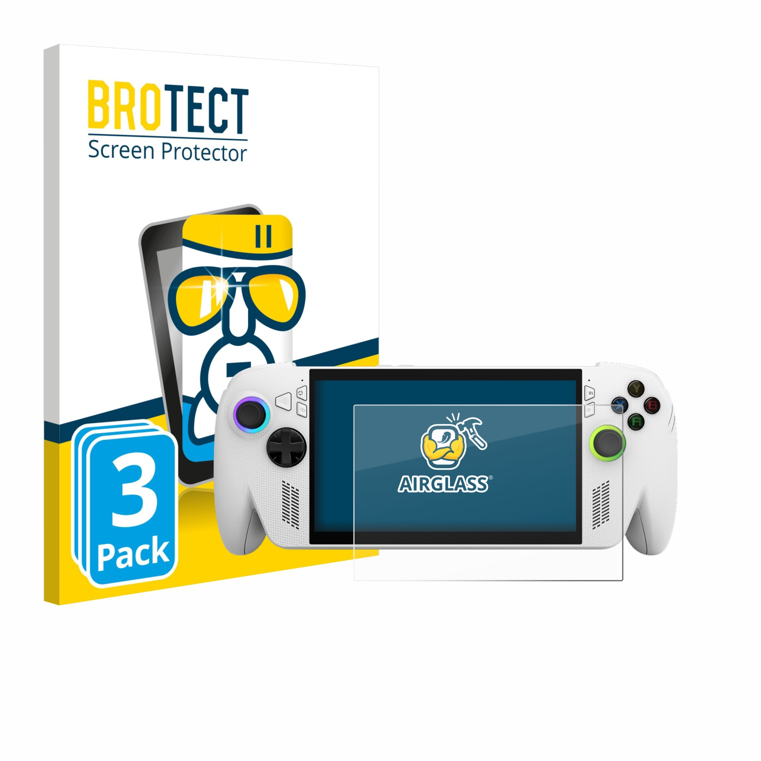 Eine weiße Handheld-Spielkonsole mit Displayschutzfolie und eine Schachtel mit Displayschutzfolien. Auf der Box steht BROTECT Screen Protector.