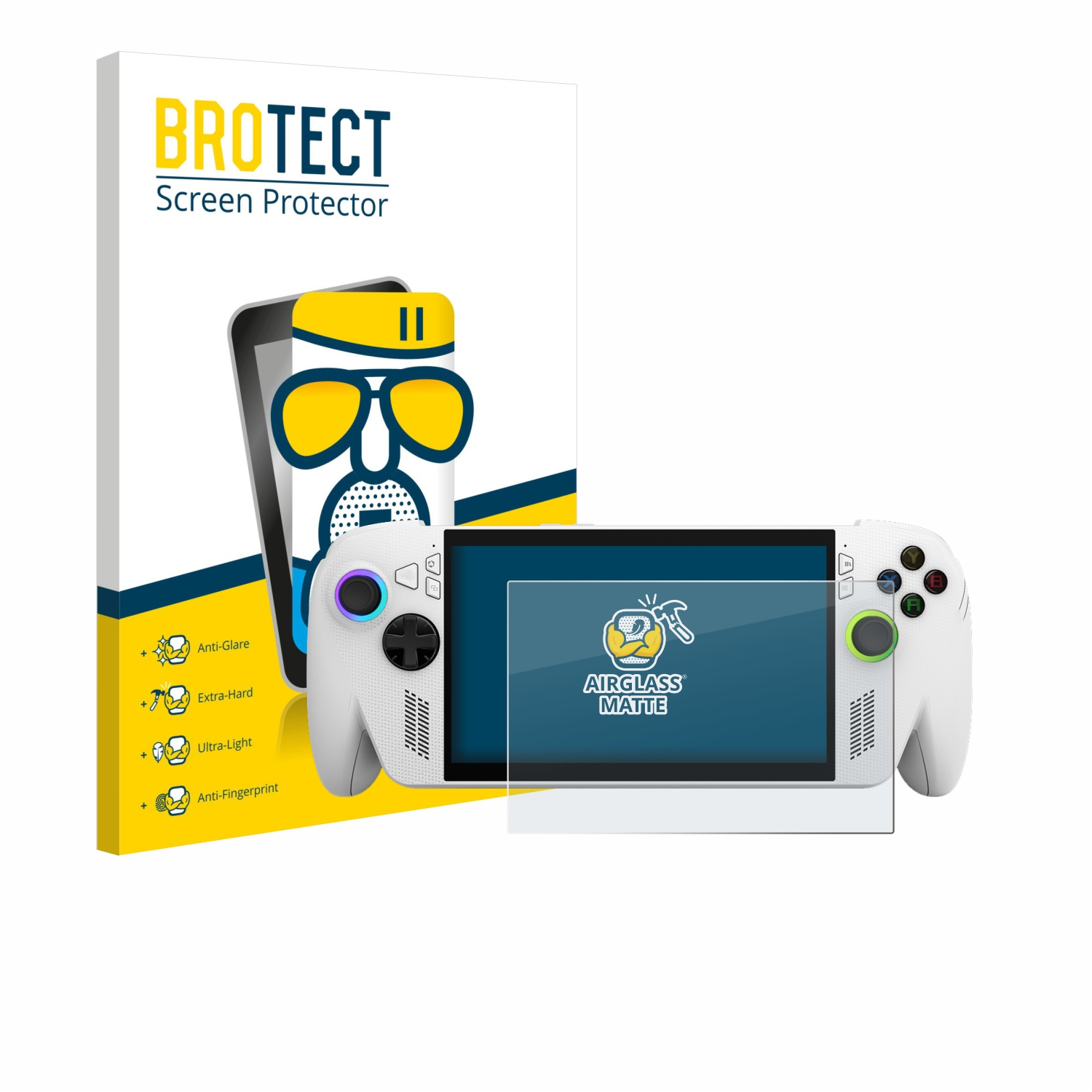 Ein Bildschirmschutz-Karton mit einem Cartoon-Gesicht, einem Gamecontroller und einem Bildschirmschutz wird angezeigt. Der Schutz sagt Anti-Glare.