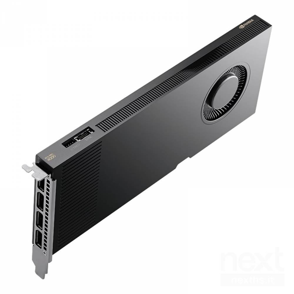 Une carte graphique NVIDIA RTX A4000 noire. Elle possède un ventilateur et plusieurs ports. Le logo NVIDIA est visible.