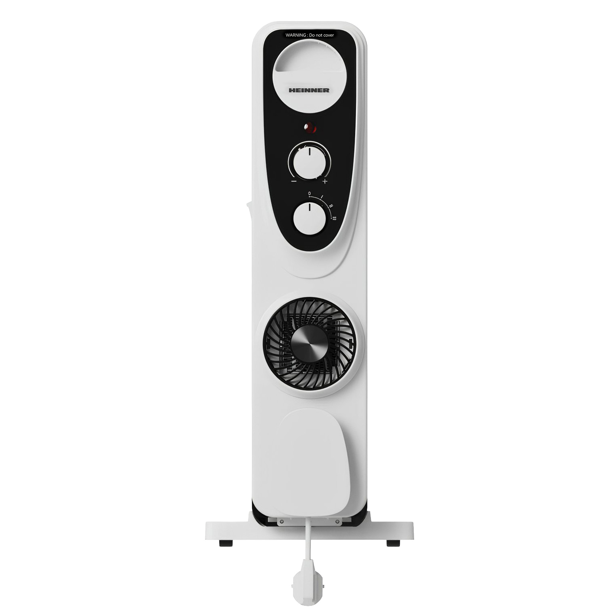 Witte elektrische kachel met bediening, ventilator en stekker. Zwarte accenten en 'HEINNER' logo.