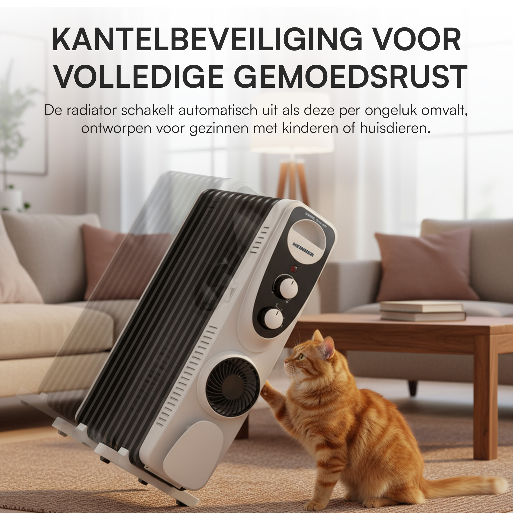 Een wit-zwarte kachel kantelt, een oranje kat reikt ernaar. Nederlandse tekst over veiligheid.