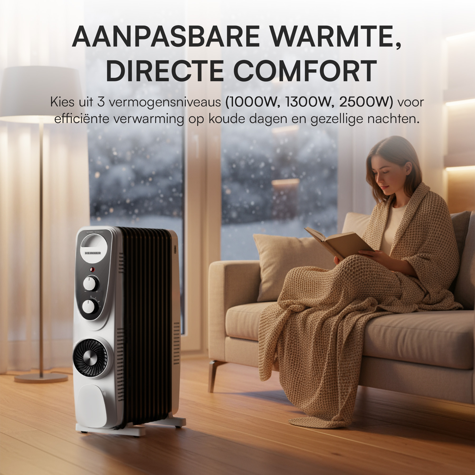 Een vrouw leest bij een raam met een kachel aan haar linkerzijde. Buiten sneeuwt het. De tekst zegt 'Instelbare warmte, direct comfort'.