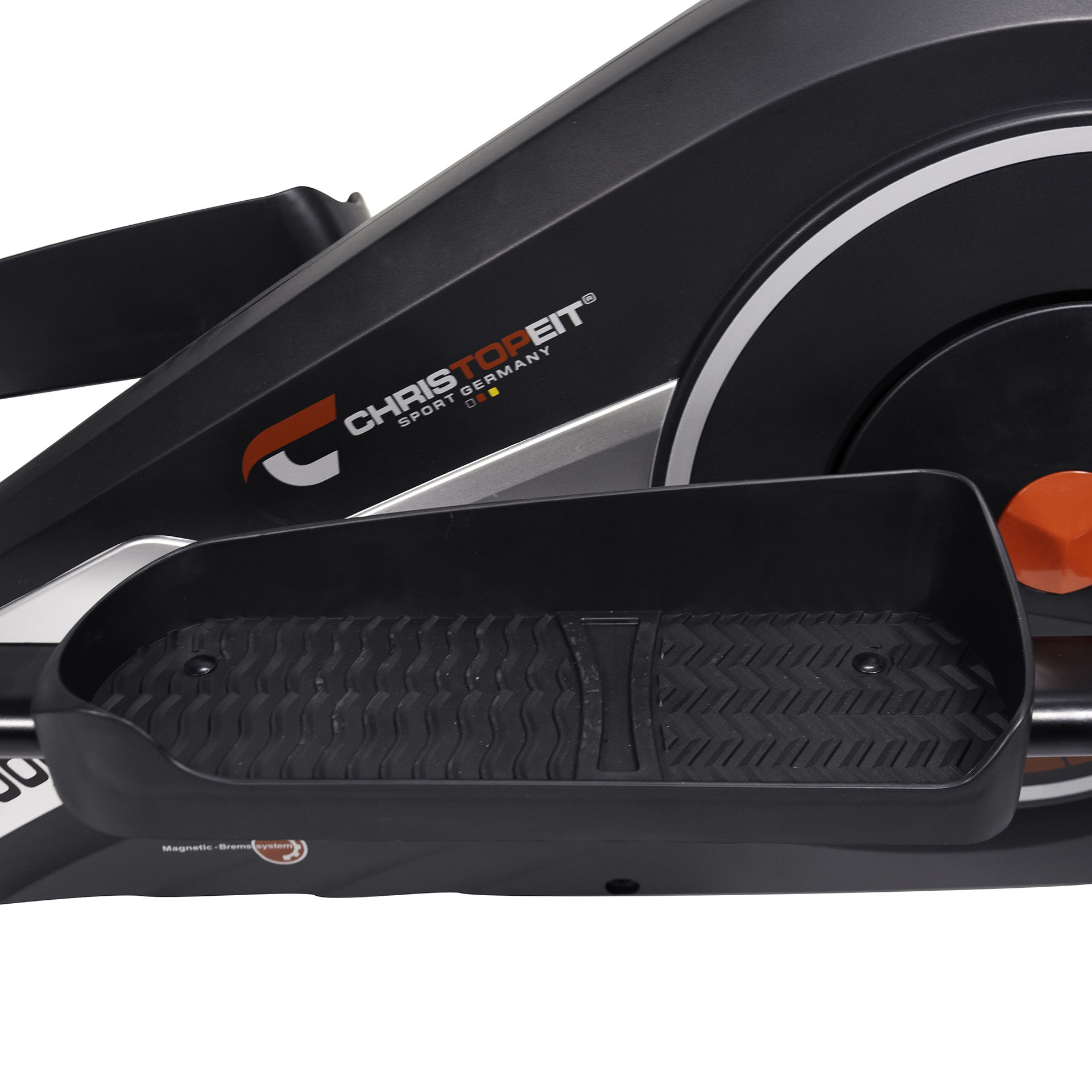Nahaufnahme einer schwarzen Ellipsenmaschine, zeigt ein Fußpedal mit strukturierter Oberfläche und Markendetails.