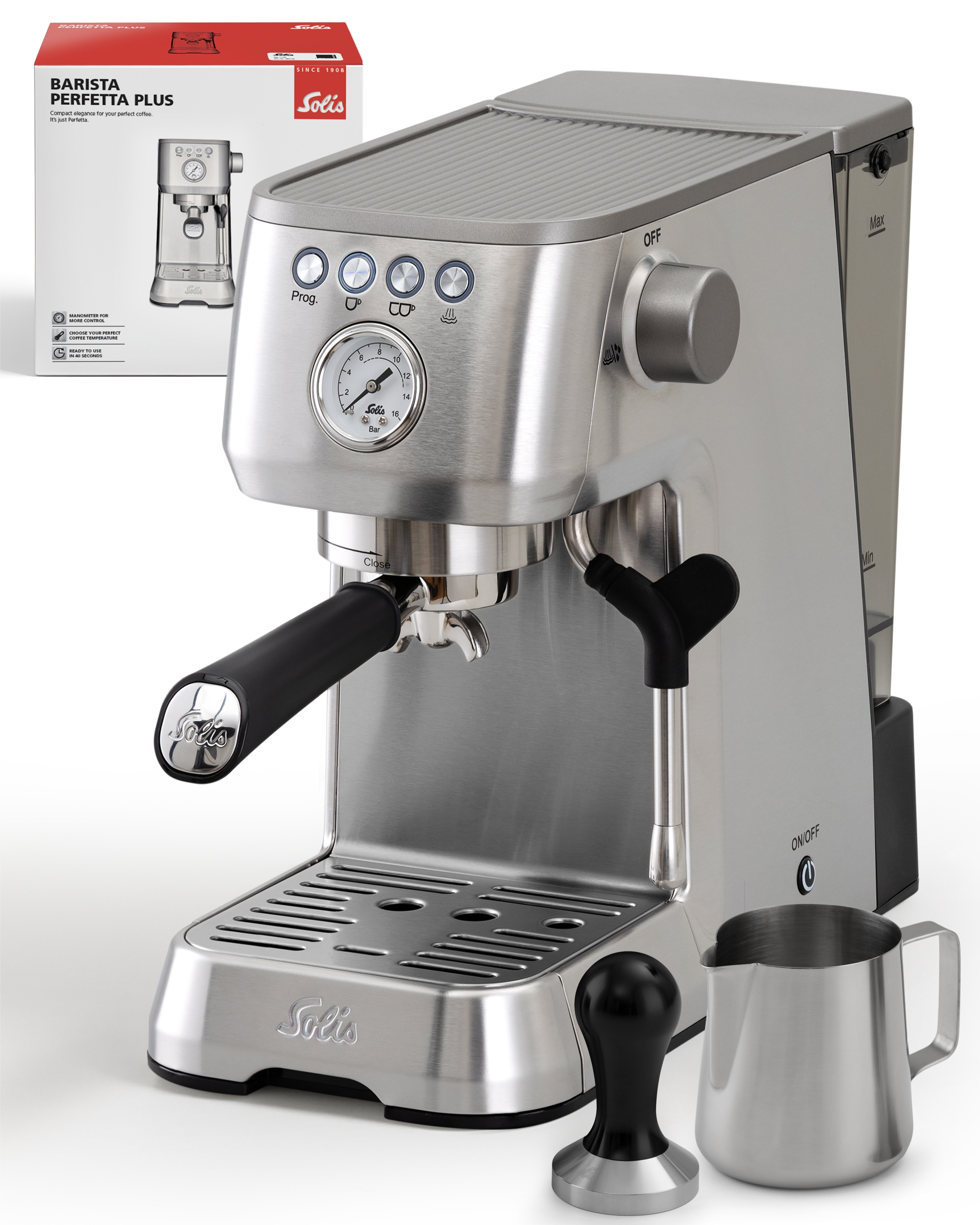 Srebrny ekspres do kawy z czarnym uchwytem, ubijakiem, dzbankiem do mleka i pudełkiem w tle.