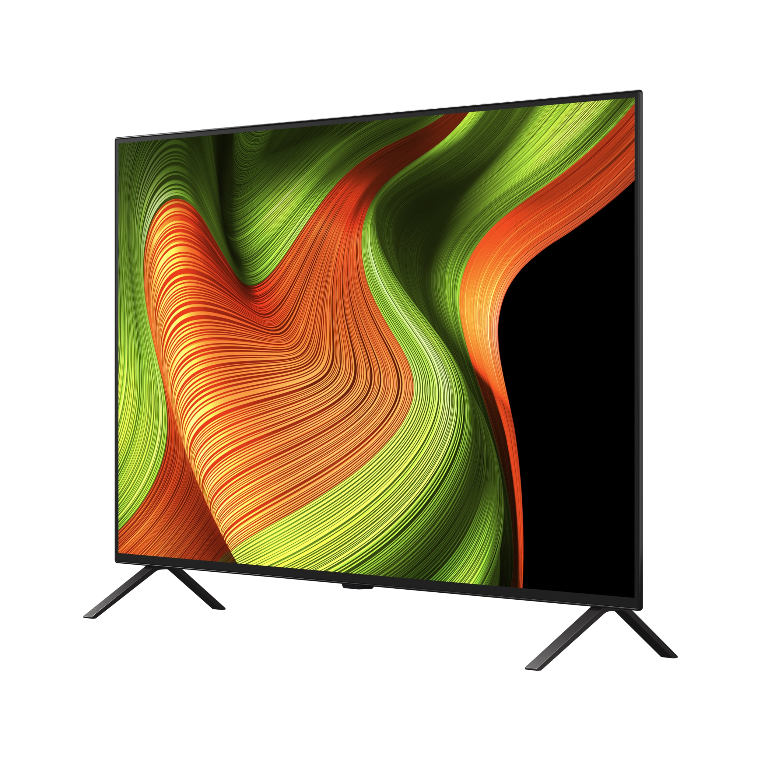 Un téléviseur sur fond blanc. L'écran affiche des motifs abstraits verts et oranges. Le téléviseur est sur un support.