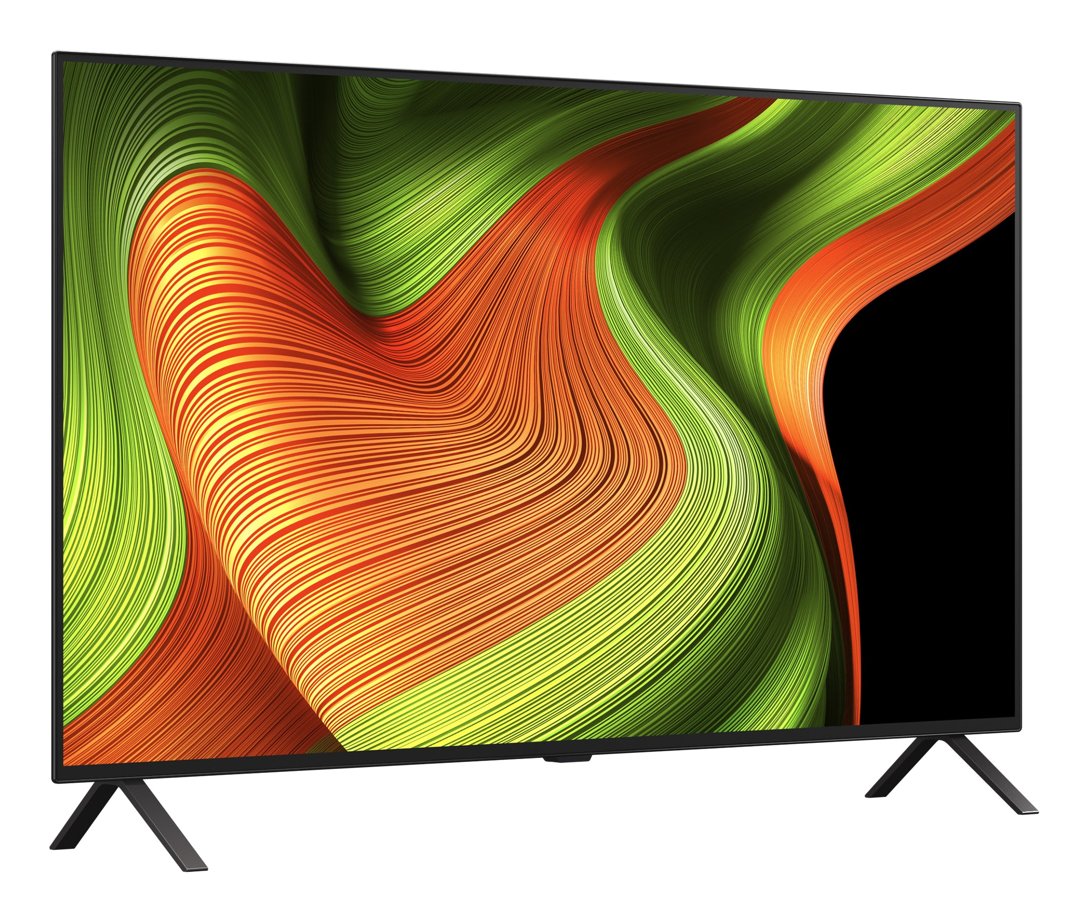 Ein Flachbildfernseher zeigt ein farbenfrohes, abstraktes Design aus orangefarbenen und grünen Wellen. Der Fernseher hat schwarze Beine und einen Rahmen.