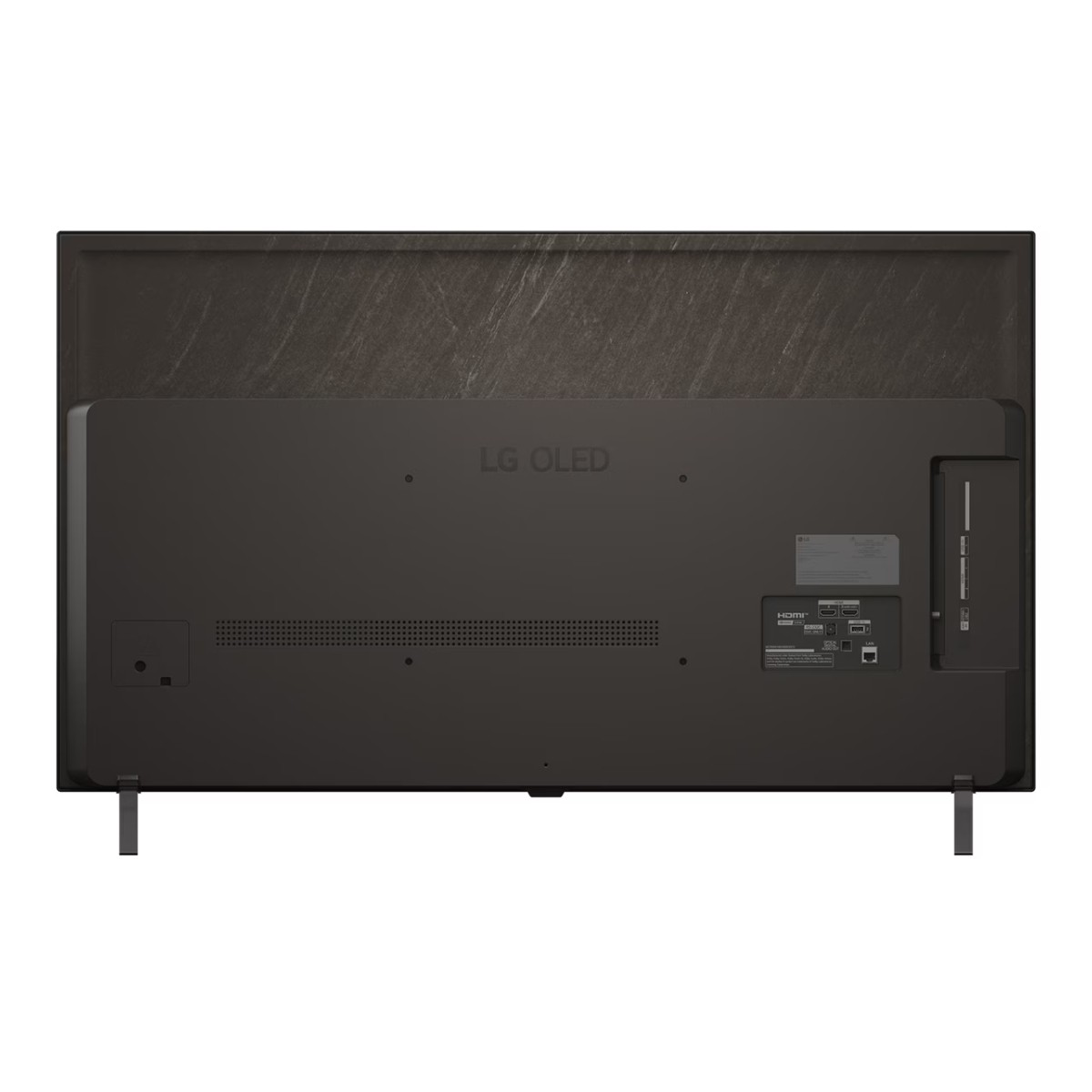 Rückseite eines schwarzen LG OLED Fernsehers. Es hat eine dunkle, gemusterte Oberseite und verschiedene Anschlüsse unten.