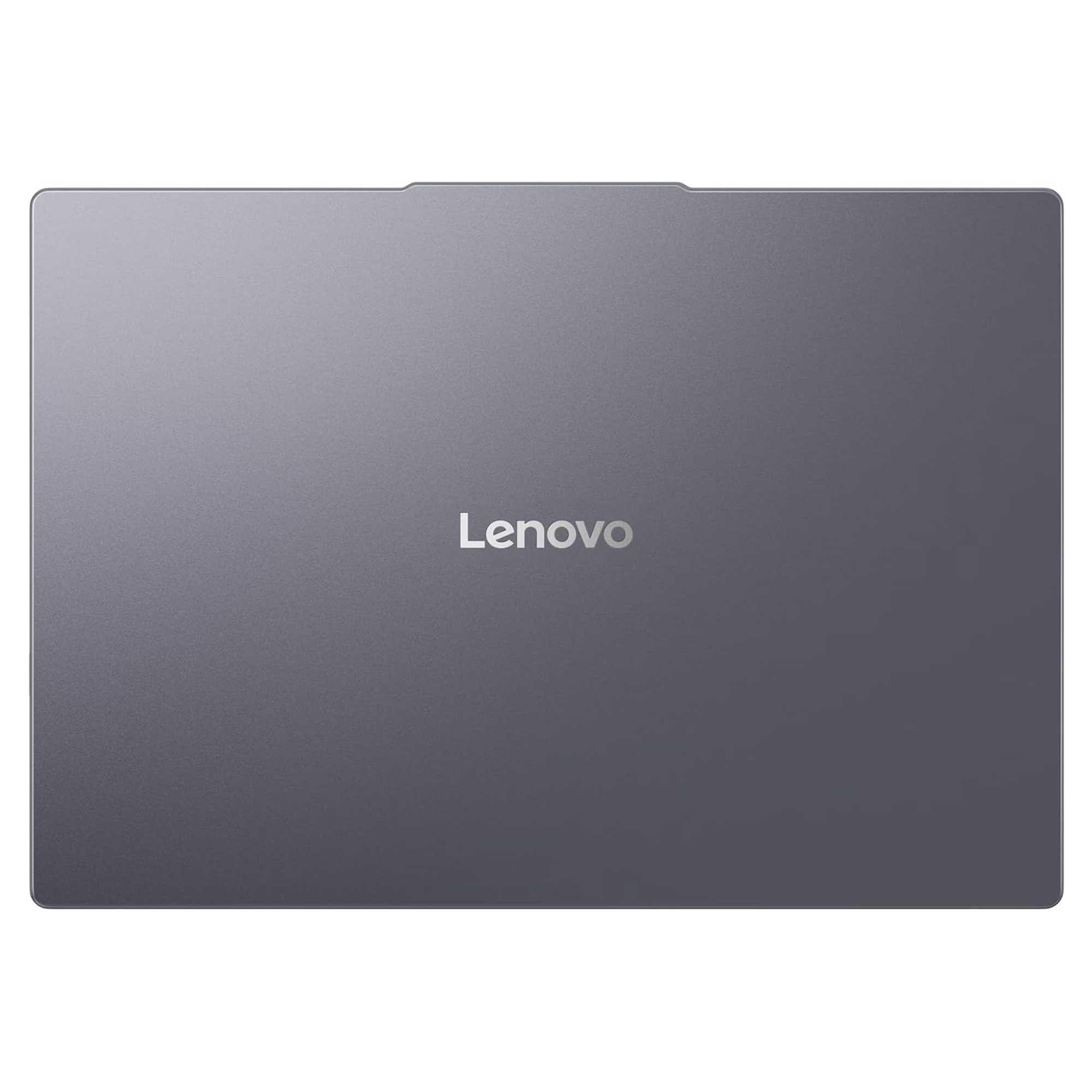 Gri bir Lenovo dizüstü bilgisayar. Logo ortada. Dizüstü bilgisayar dikdörtgen ve pürüzsüz bir yüzeye sahip.