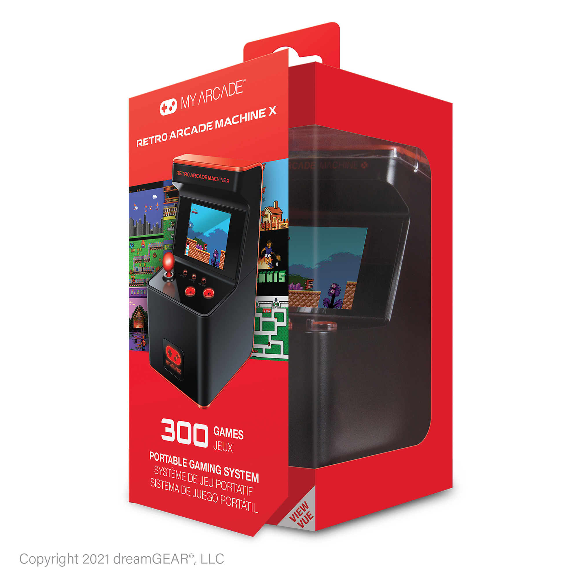Una caja roja y negra con una máquina de arcade retro dentro. Muestra la pantalla y los controles. La caja dice 'My Arcade'.