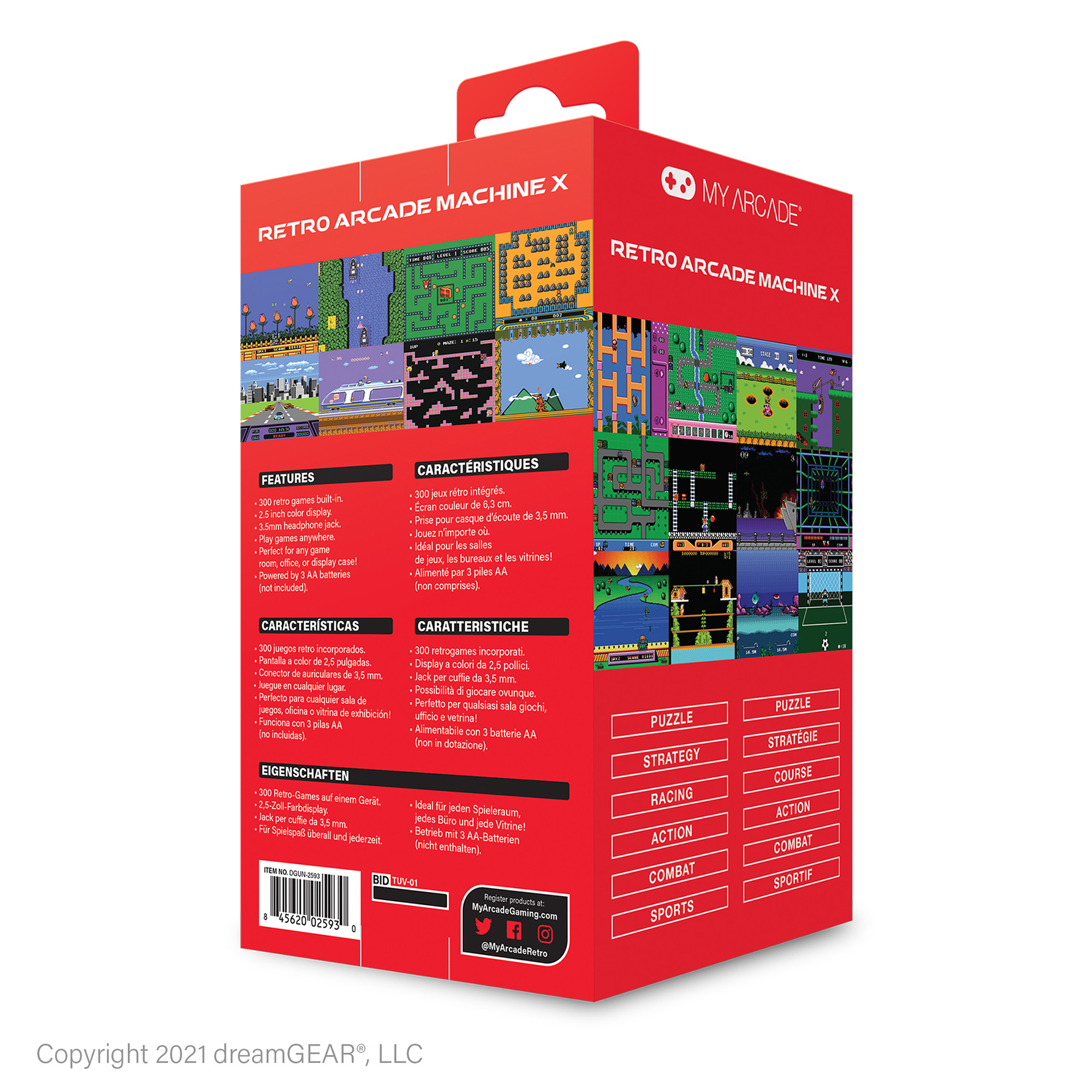 Caja roja con capturas de pantalla de juegos, texto y logotipos, etiquetada como 'Retro Arcade Machine X' y 'My Arcade'.