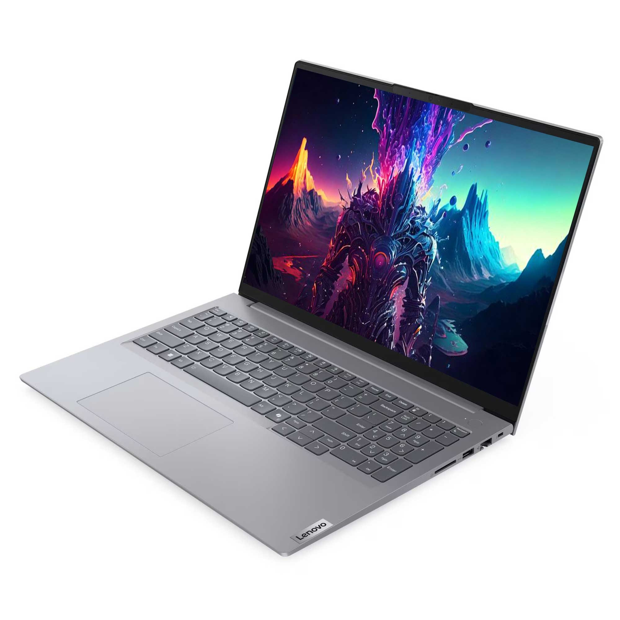 Gümüş renkli bir Lenovo dizüstü bilgisayar açık, ekranda renkli bir manzara görüntülüyor. Klavye görünür durumda.