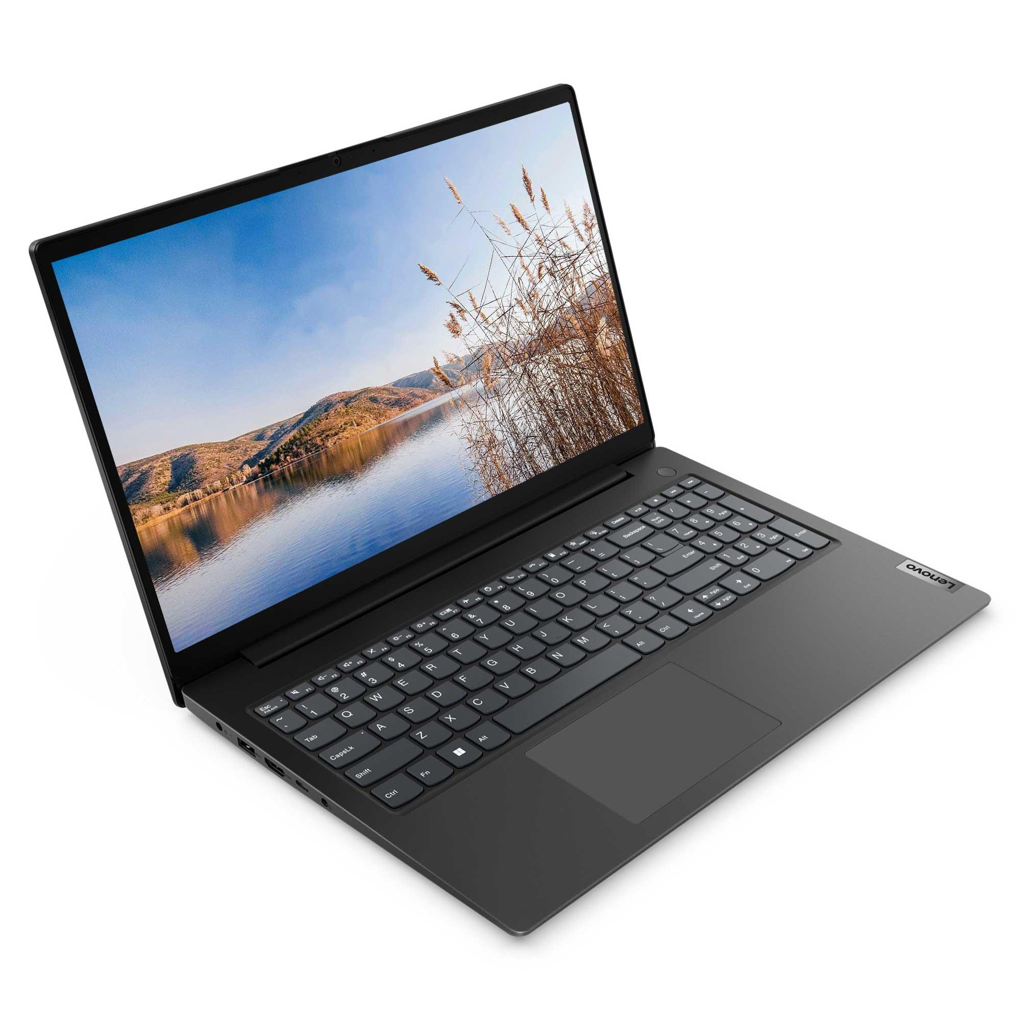 Koyu gri bir Lenovo dizüstü bilgisayar açık, göl sahnesi gösteriyor. Klavye görünüyor ve arka plan beyaz.