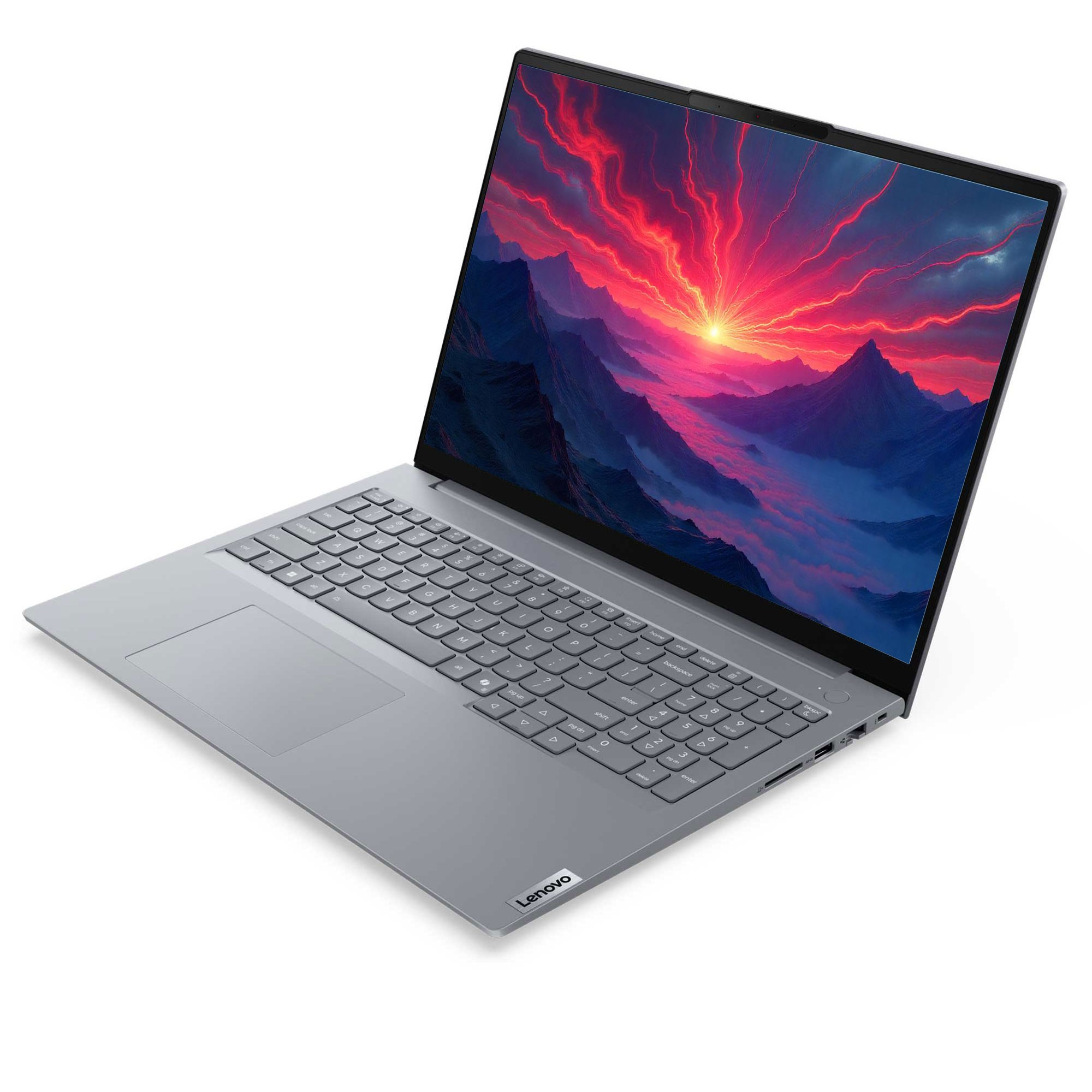 Gri bir Lenovo dizüstü bilgisayar açık, ekranda beyaz bir arka plan üzerinde renkli bir manzara sahnesi gösteriyor.