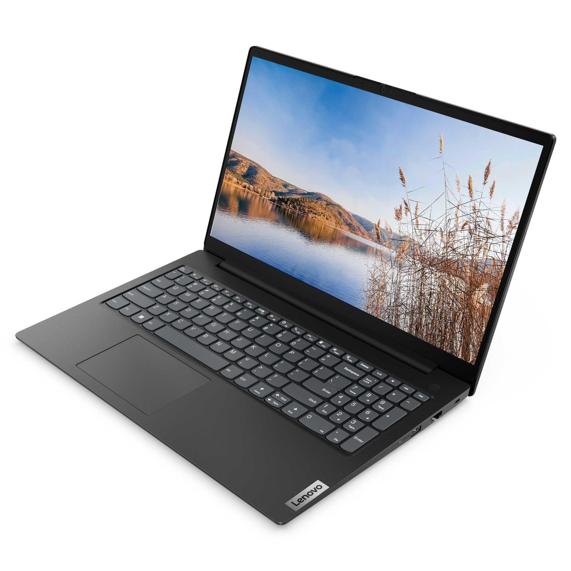 Siyah Lenovo dizüstü bilgisayar, manzara görüntüsü. Klavyesi görünüyor. Beyaz arka plan.