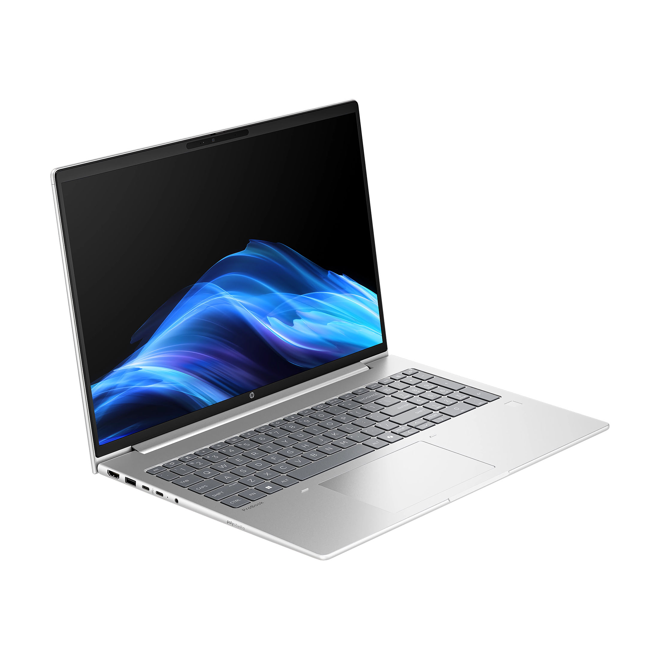 Ein silbernes HP ProBook-Laptop ist geöffnet. Der Bildschirm zeigt blaue und violette abstrakte Kunst. Tastatur und Touchpad sind sichtbar.